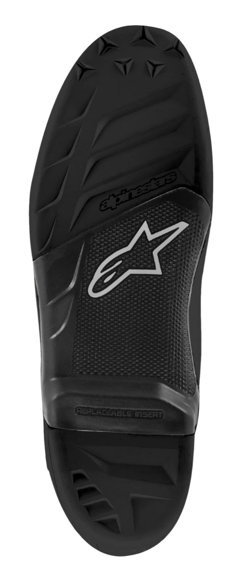 Semelle Alpinestars Tech 7, semelle extérieure de rechange pour bottes de motocross, conception en caoutchouc noir, avec motifs texturés, logo Alpinestars et emblème étoilé, avec inscription « REPLACEABLE INSERT » sur la partie centrale.