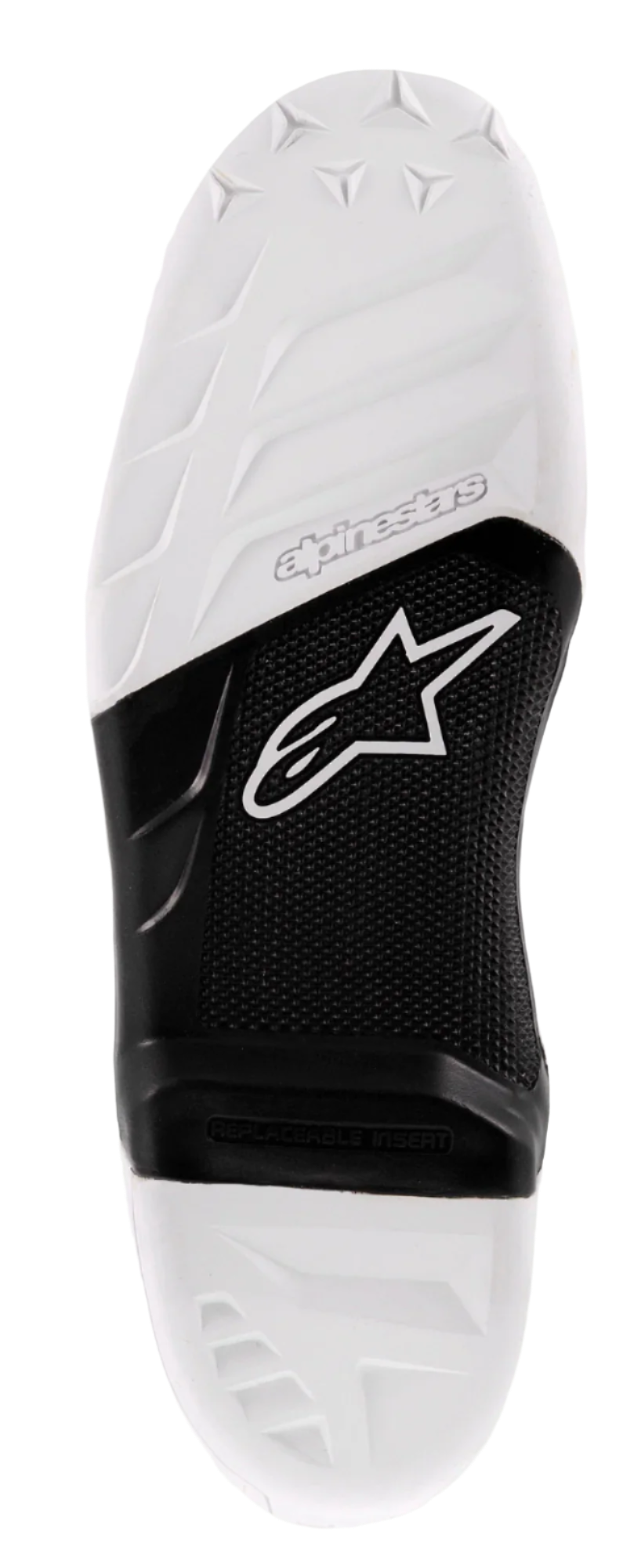Semelle Alpinestars Tech 7, semelle de rechange pour bottes de motocross, blanche et noire, dotée d'une surface texturée adhérente, logo Alpinestars et insert central remplaçable pour la performance en tout-terrain