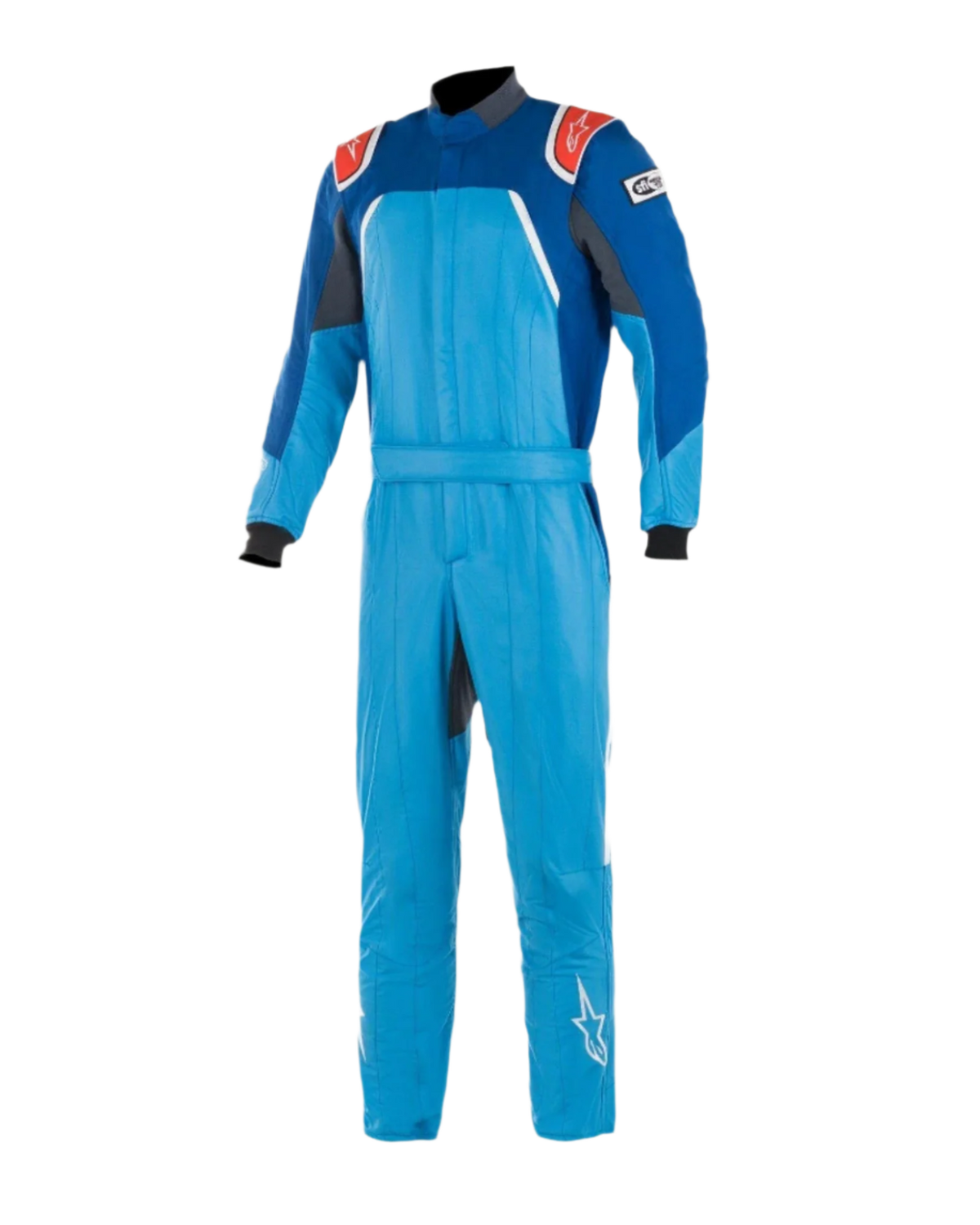 Alpinestars GP Pro Comp Bootcut Suit FIA, Auto Racing Suit, Cobalt Blue and Royal Blue with Red accents, features red shoulder epaulettes with white logos, black wrist cuffs, and bootcut legs, multi-layer aramidic construction for circuit racing