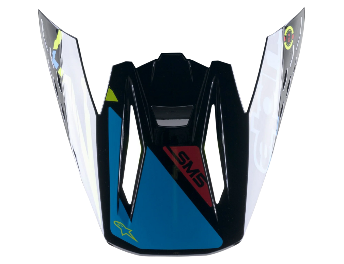 Visière Alpinestars S-M5 Action, pièce de rechange pour casque de motocross, noir, cyan et jaune fluo brillant, avec marquage SM5 et logo étoile, visière à encliqueter pour la conduite tout-terrain