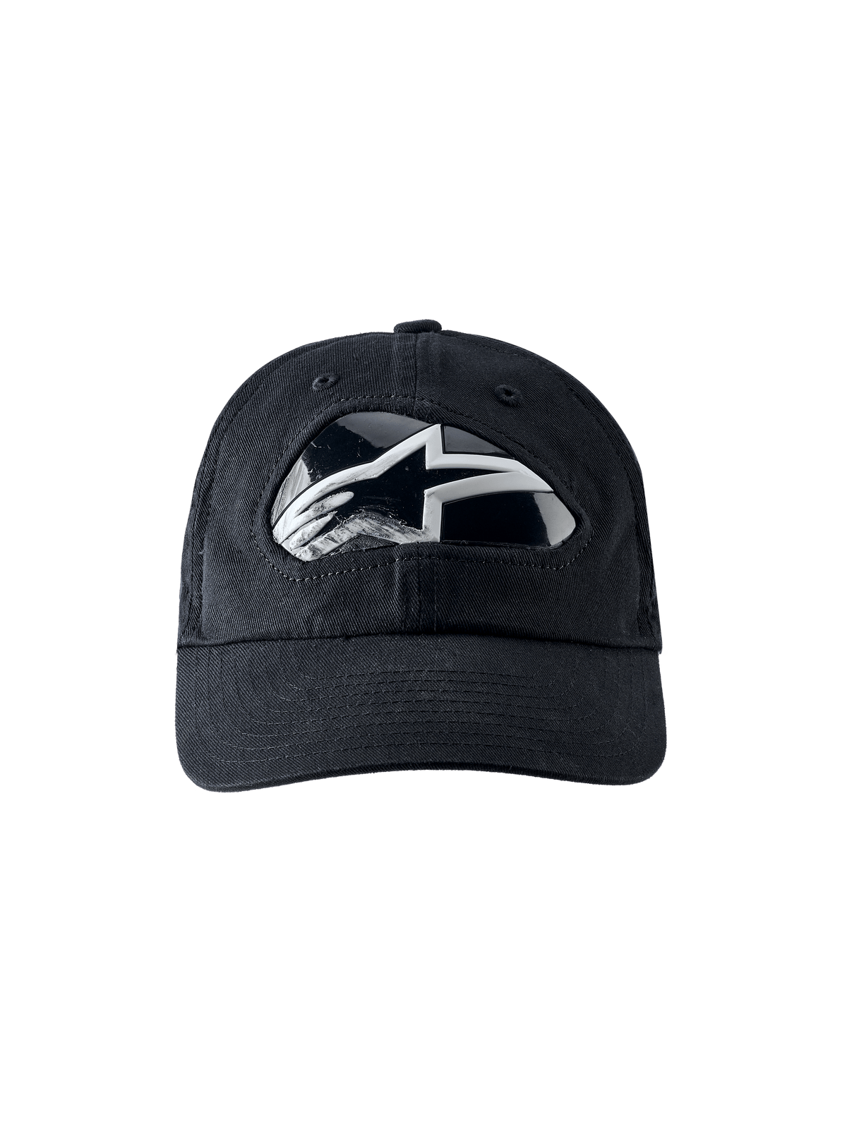 Alpinestars RSRV Shield Cap, casquette de baseball noire avec logo brillant argenté et blanc, visière courbée, coutures visibles, design moderne et élégant