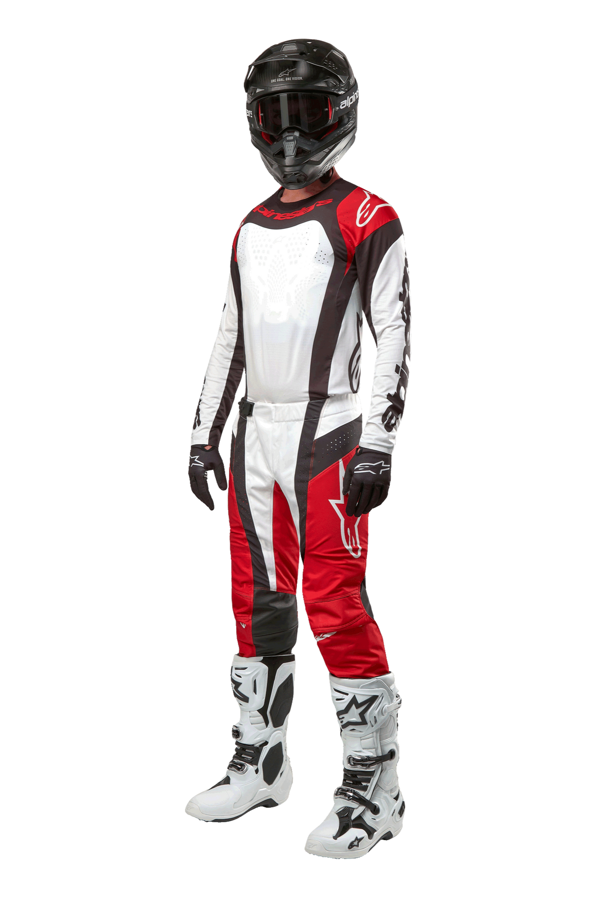 Motocross rider wearing full Alpinestars gear, 2024 Techstar Ocuri Pants in Mars Red White Black, matching jersey, black helmet with goggles, black and white gloves, and white motocross boots, professional off-road racing outfit