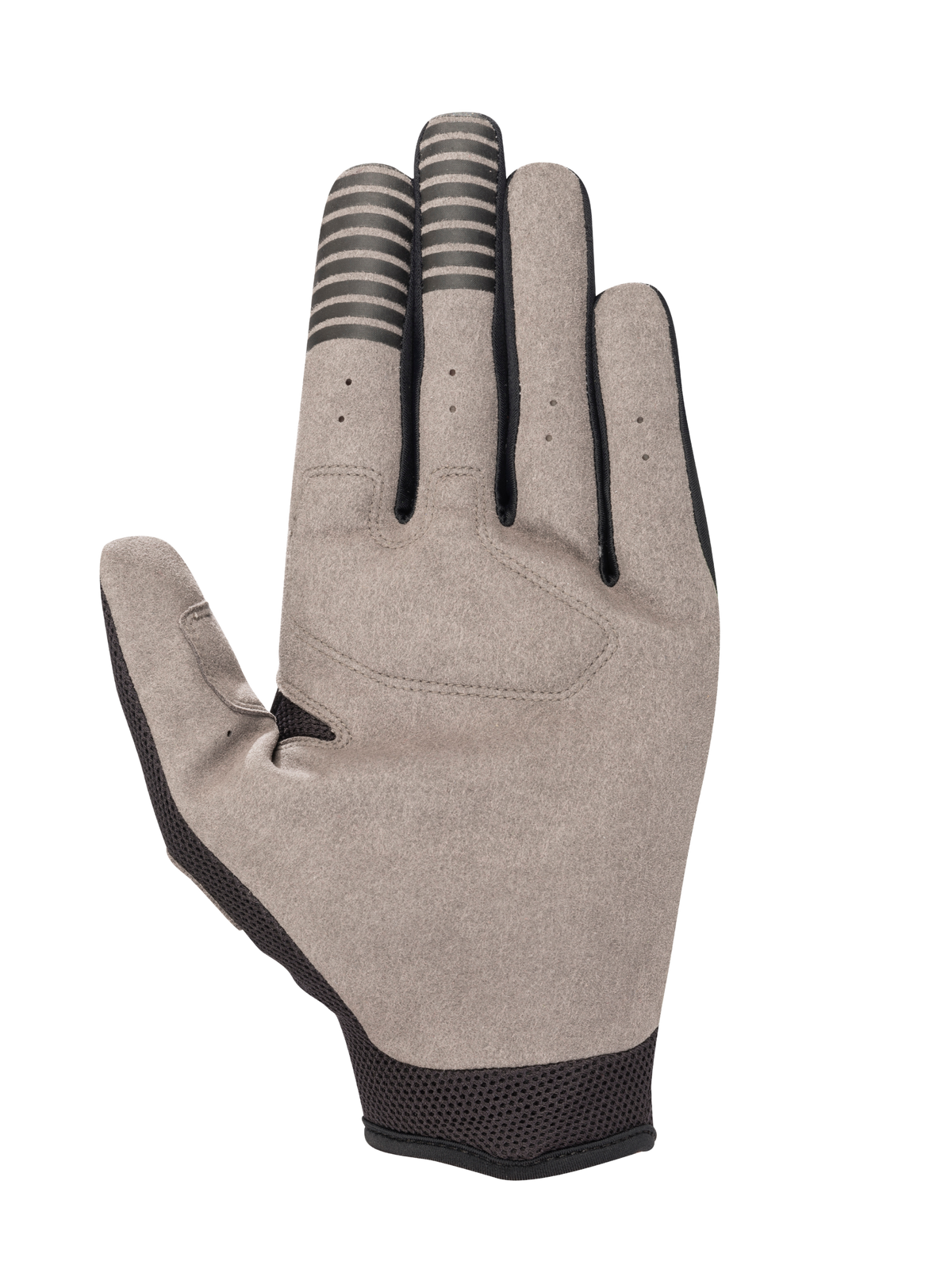 Gants Alpinestars Engine, vue de la paume, daim synthétique gris avec rayures conductrices noires sur les doigts, manchette en mesh noir, gants pour mécanique et karting