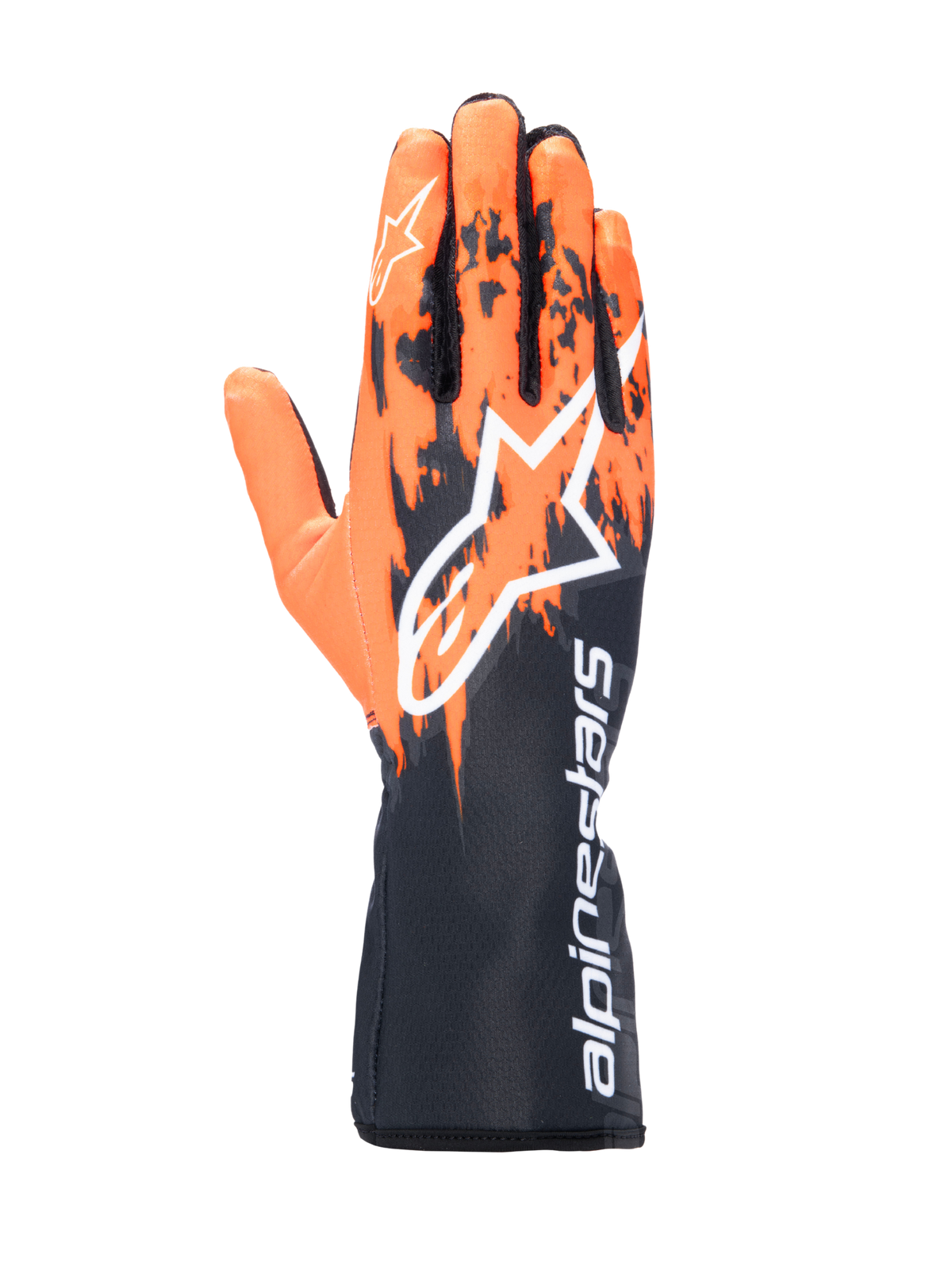 Alpinestars Tech-1 K V3 Gloves, Karting Gloves, Black Orange and White, featuring a sublimated graphic design with orange brush-stroke patterns on a black base, large white Astar logo on the back, vertical Alpinestars text on the gauntlet cuff, professional kart racing gear