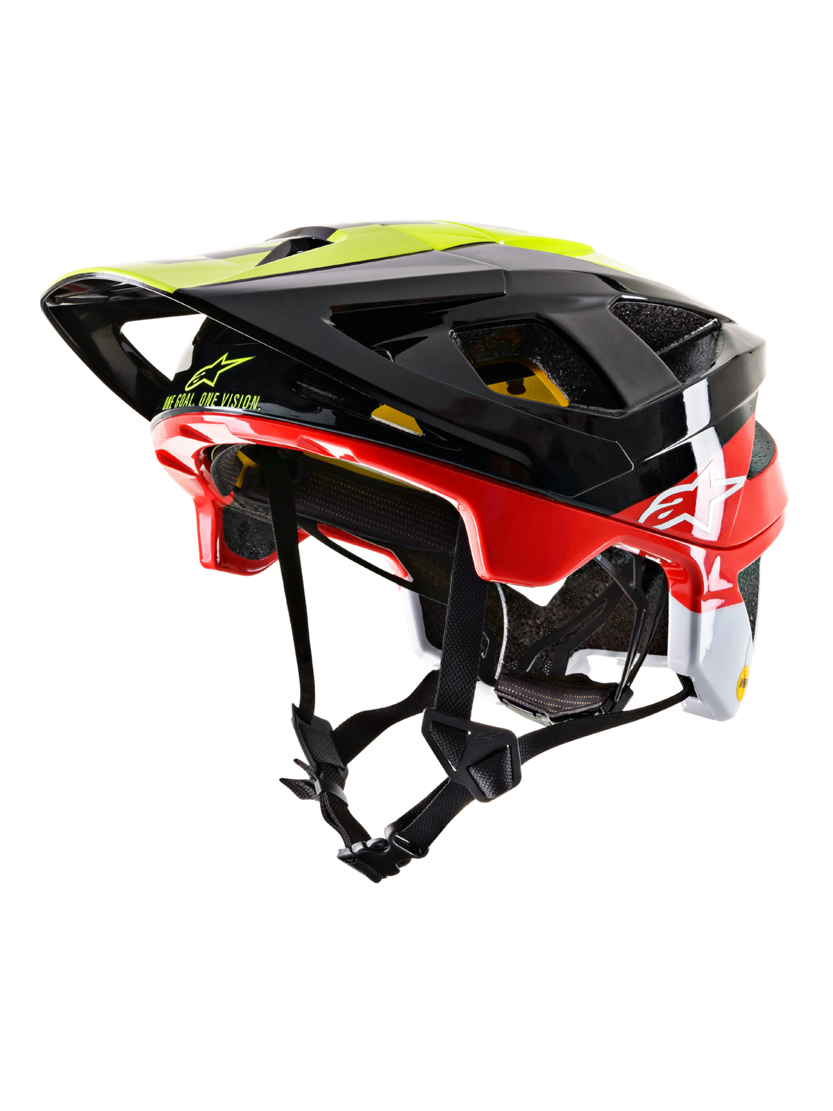 Alpinestars Vector Tech Pilot MTB Helmet CE, casque de VTT, noir, rouge, blanc et jaune fluo, finition brillante avec de multiples ouvertures de ventilation, visière réglable, logo MIPS, design aérodynamique élégant pour le cyclisme tout-terrain