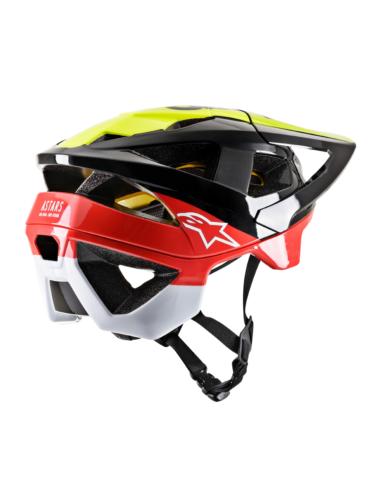 Casque VTT Alpinestars Vector Tech Pilot, noir, jaune fluo et rouge brillant avec accents blancs, vue de trois-quarts arrière montrant de larges ouvertures de ventilation, couverture étendue de la nuque, logo Astars blanc et jugulaire réglable, protection de tête haute performance pour le VTT