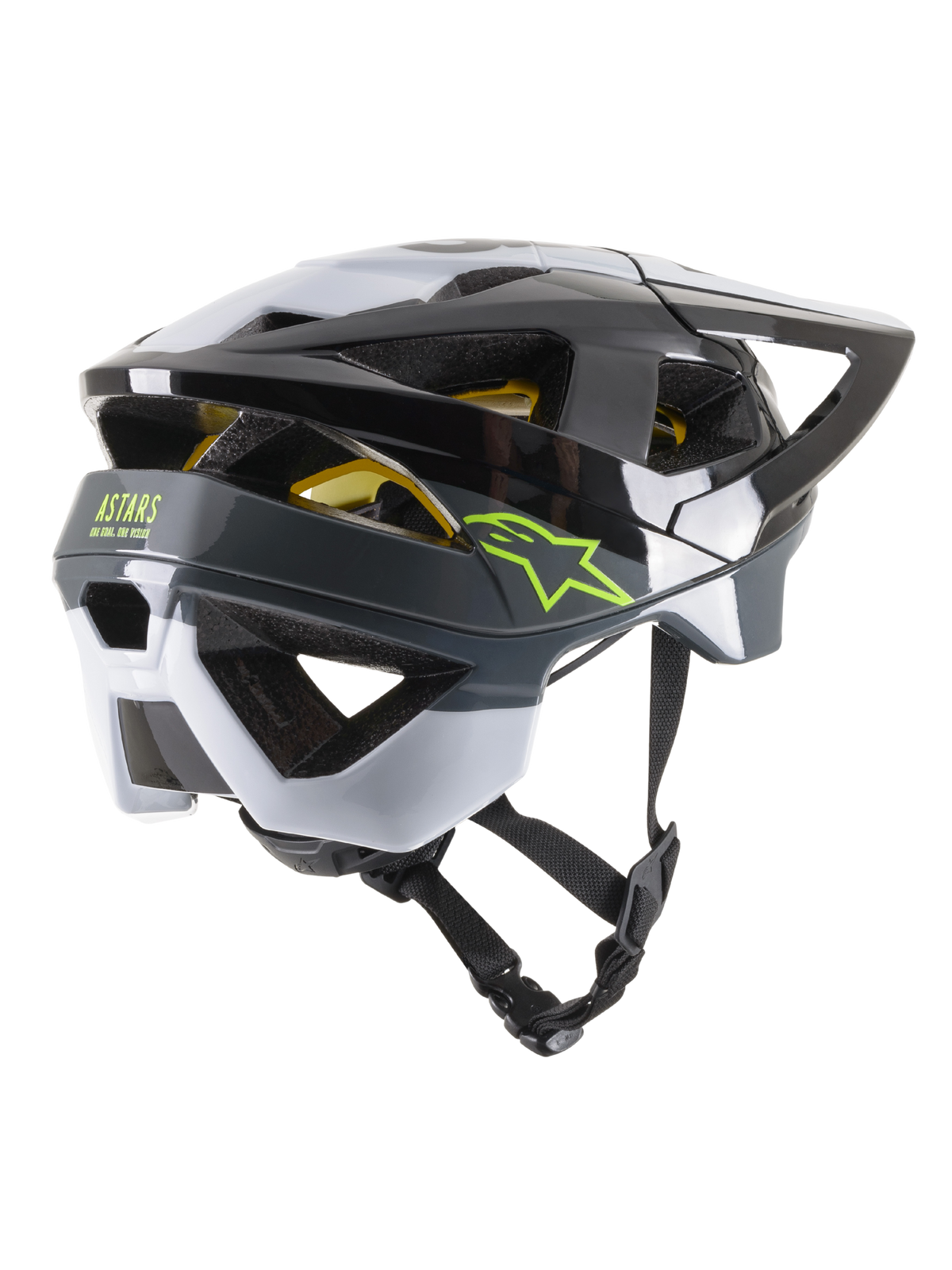 Casque Alpinestars Vector Tech Pilot CE, casque de VTT, noir, blanc et gris brillant, vue de trois-quarts arrière avec logos étoile vert citron et ASTARS, 19 ouvertures de ventilation, design aérodynamique avec visière réglable et jugulaire