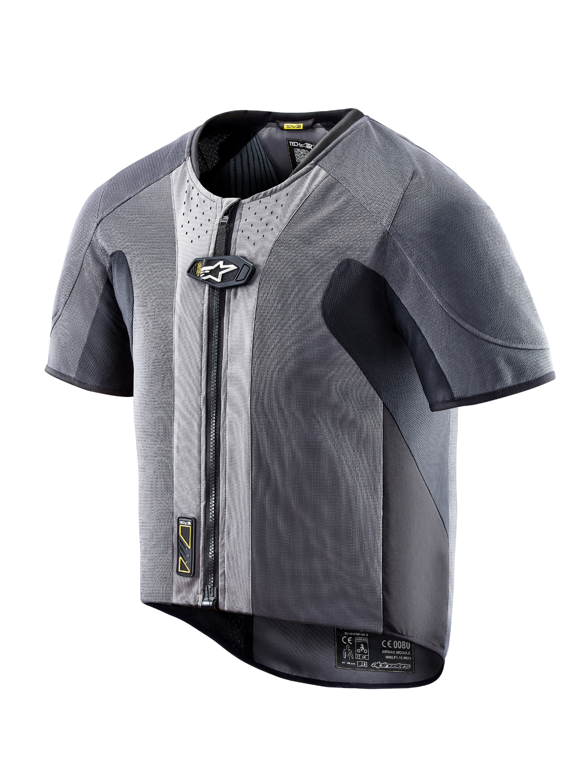Gilet airbag Alpinestars Tech-Air 5, mesh gris foncé à manches courtes et zip frontal, protection autonome sur route.