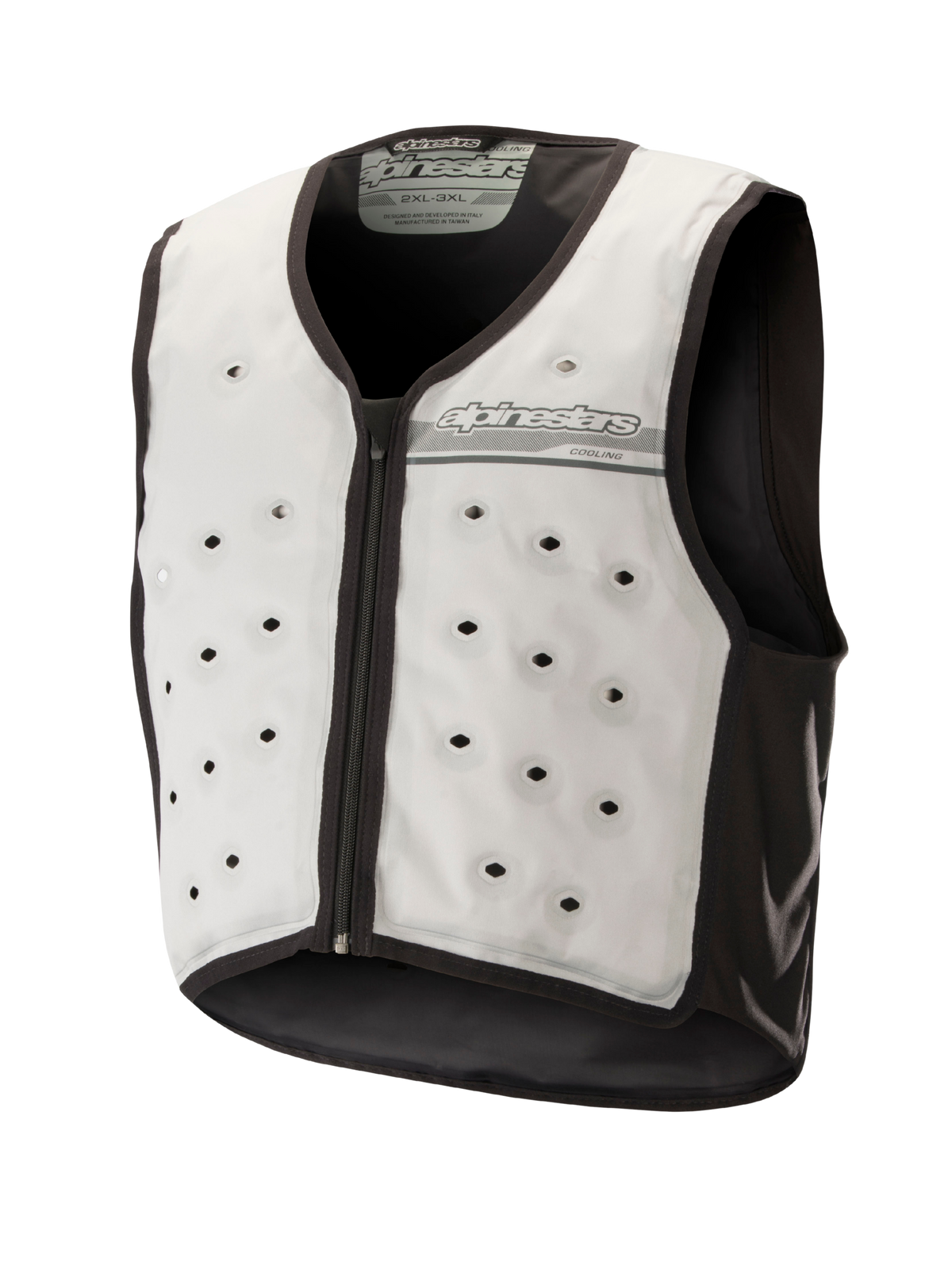Alpinestars Cooling Vest, gilet rafraîchissant sans manches pour moto, gris clair et gris foncé, avec ouvertures de ventilation circulaires, fermeture éclair frontale et construction textile évacuant l'humidité pour temps chaud