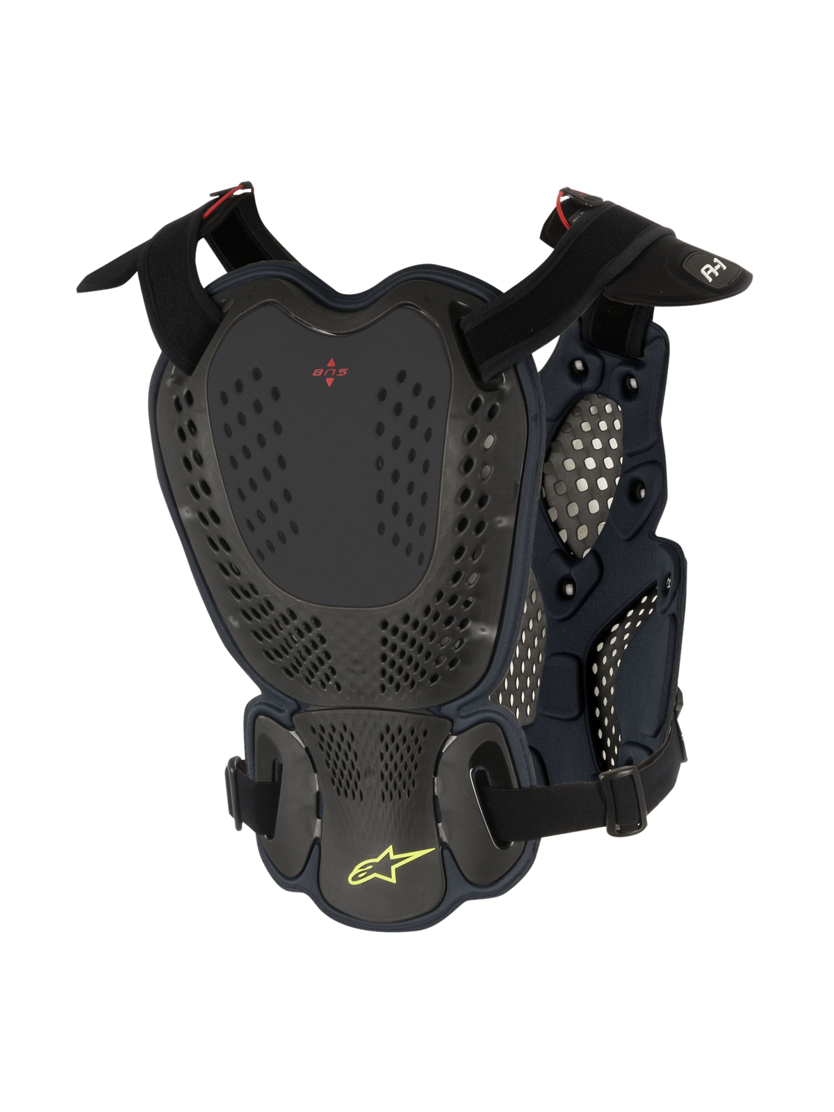 Alpinestars A-1 Roost Guard, pare-pierres et protection de dos pour motocross, Noir Anthracite, vue arrière avec plaques rigides perforées, logo BNS rouge et logo étoile Alpinestars vert citron, sangles réglables pour la protection tout-terrain