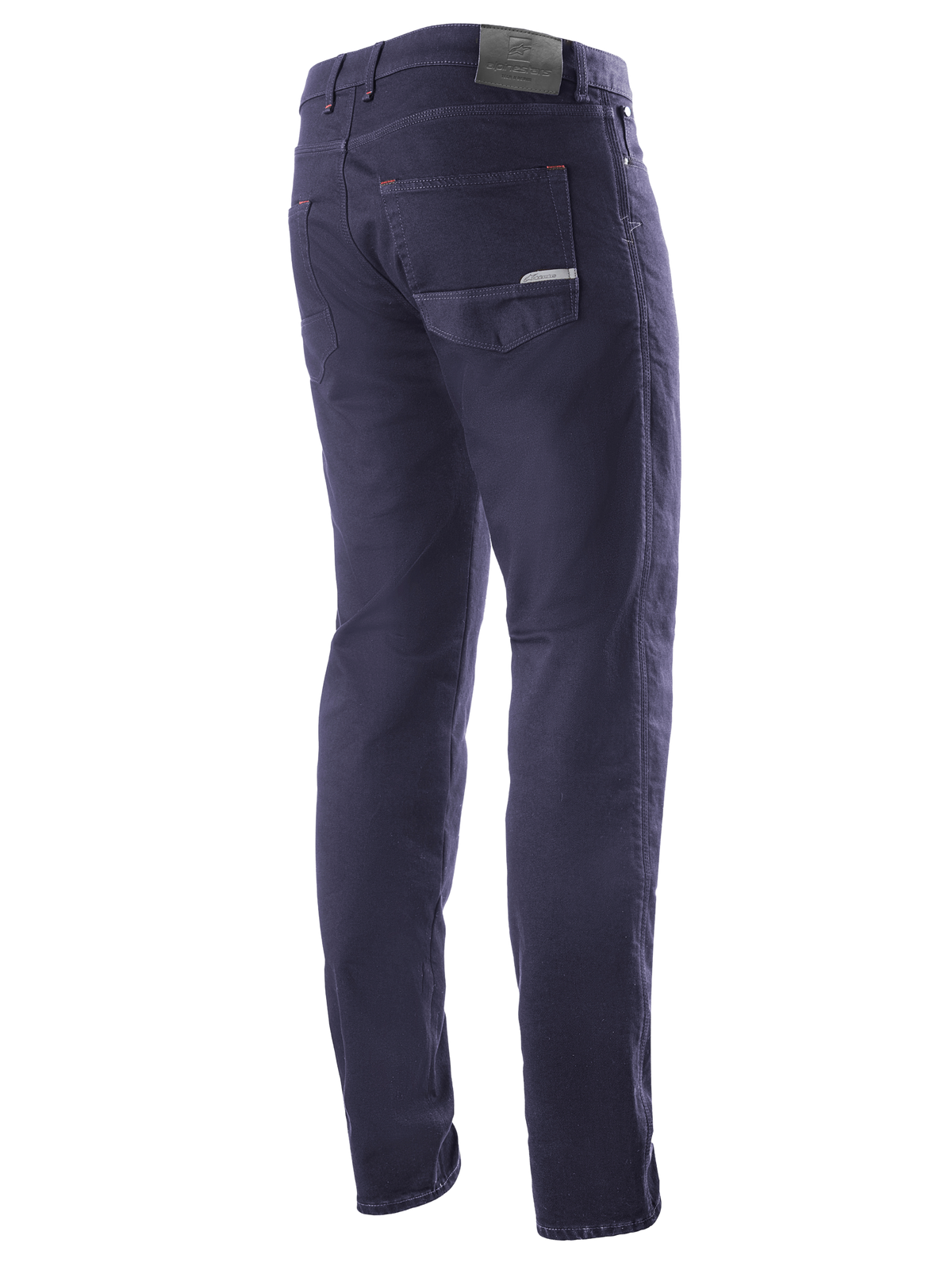 Pantalon Alpinestars Copper V2 Denim Longueur Courte, Rinse Blue, vue arrière de trois-quarts montrant les poches arrière et l'écusson en cuir à la taille, jean de moto urbain au style denim classique