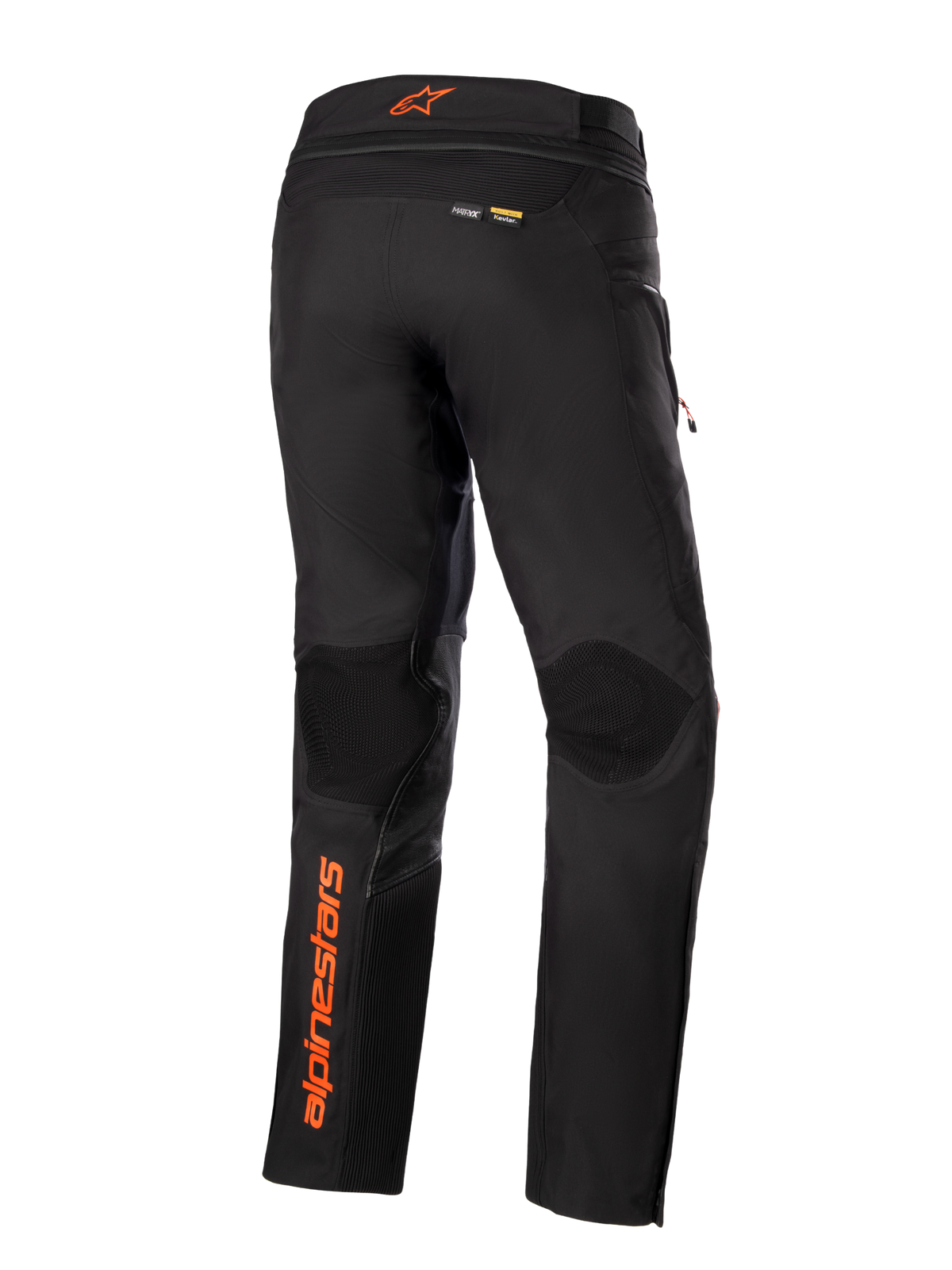 Pantalon Alpinestars AMT-10R Drystar® XF, noir avec accents orange, vue arrière montrant le logo Alpinestars vertical orange sur la jambe gauche, des empiècements texturés aux genoux et les marquages Kevlar et Matryx, pantalon technique de moto pour l'aventure touring.