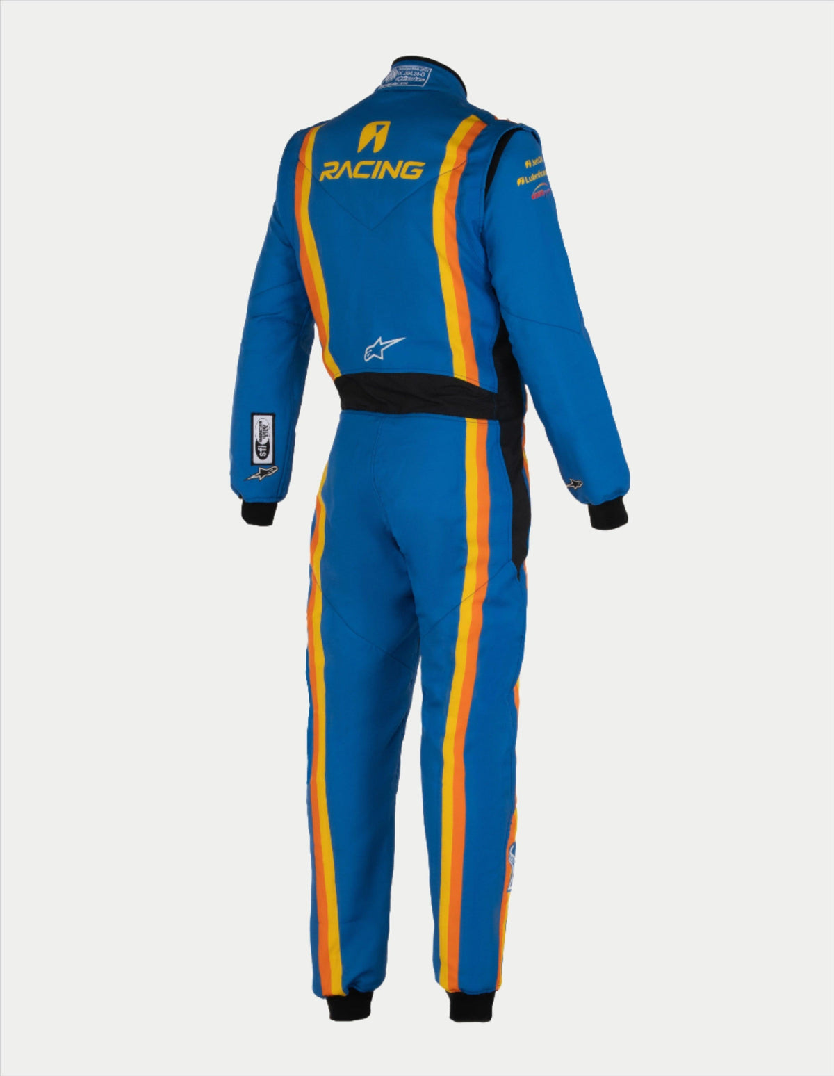 Alpinestars Tech Vision V3 Custom Suit, professional auto racing suit, back view in blue with orange and yellow stripes, featuring 'RACING' branding and Alpinestars star logo, black stretch panels at the waist and black cuffs, lightweight and breathable motorsport gear