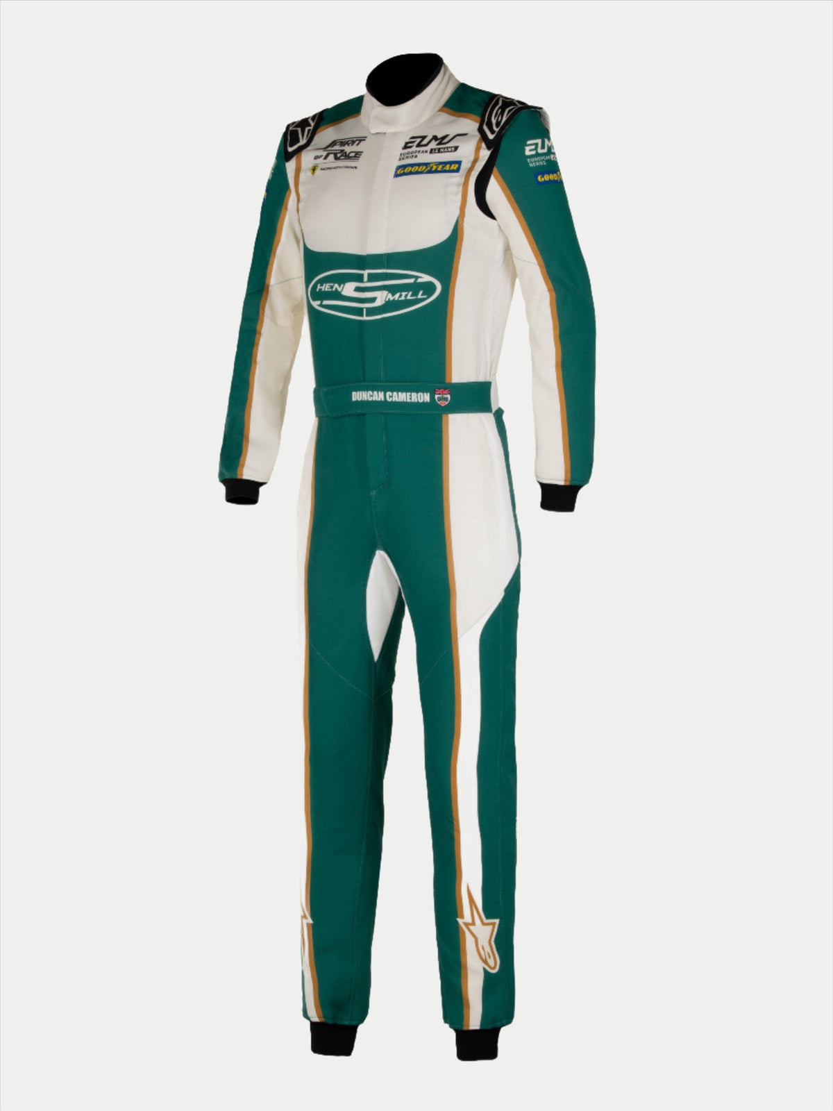 Alpinestars Tech Vision V3, combinaison sur mesure de course automobile, verte et blanche avec accents dorés, certifiée FIA, construction en Nomex ignifugé