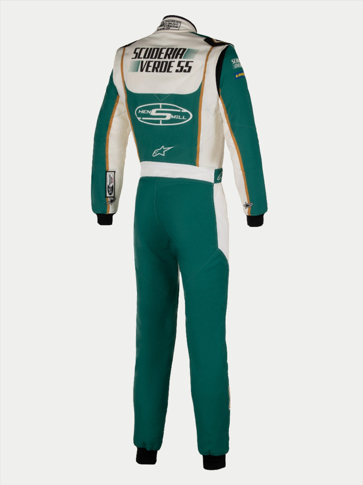 Combinaison sur mesure Alpinestars Tech Vision V3, auto, verte et blanche, détails dorés, certifiée FIA, vue arrière.