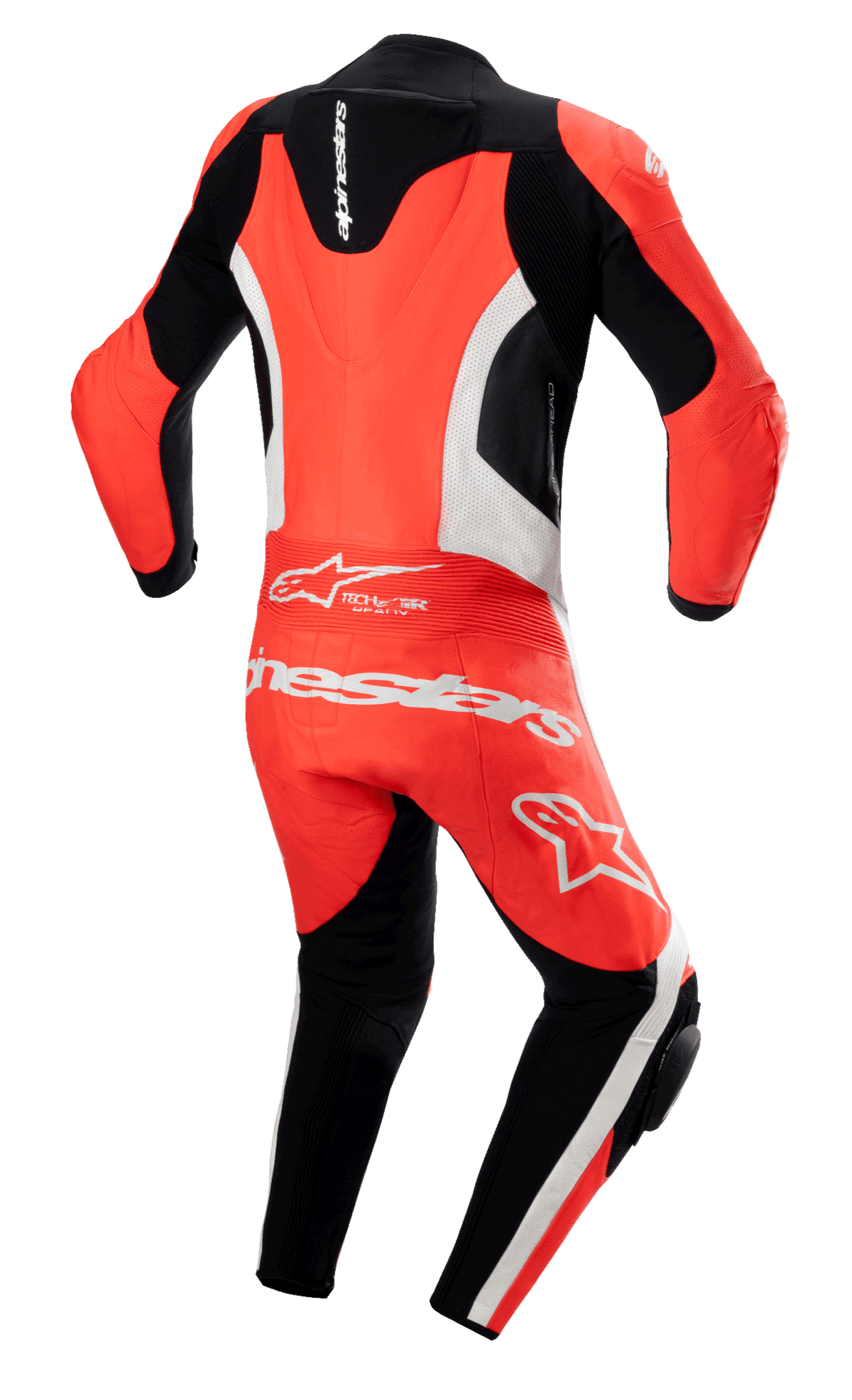Alpinestars GP Force Lurv 1-Piece Leather Suit, rouge fluo, blanc et noir, vue arrière avec bosse aérodynamique, panneaux en cuir perforé blanc et logo Alpinestars sur le bas du dos, combinaison de moto professionnelle avec panneaux extensibles en accordéon