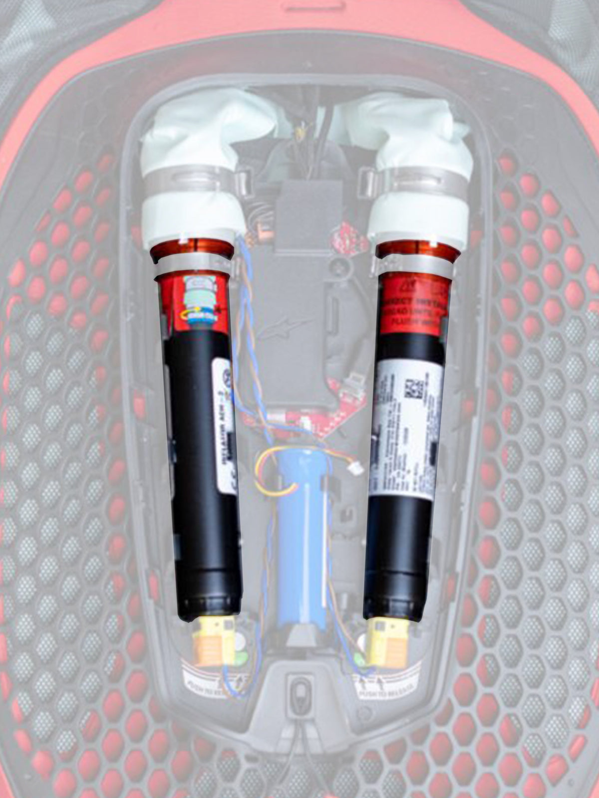 Alpinestars Tech-Air 7X & Off-Road Replacement Canister Kit, Airbag Replacement Canisters, Black with white tops and orange bands, dual argon canisters shown installed in a red and black honeycomb-patterned electronic airbag system with colored wiring