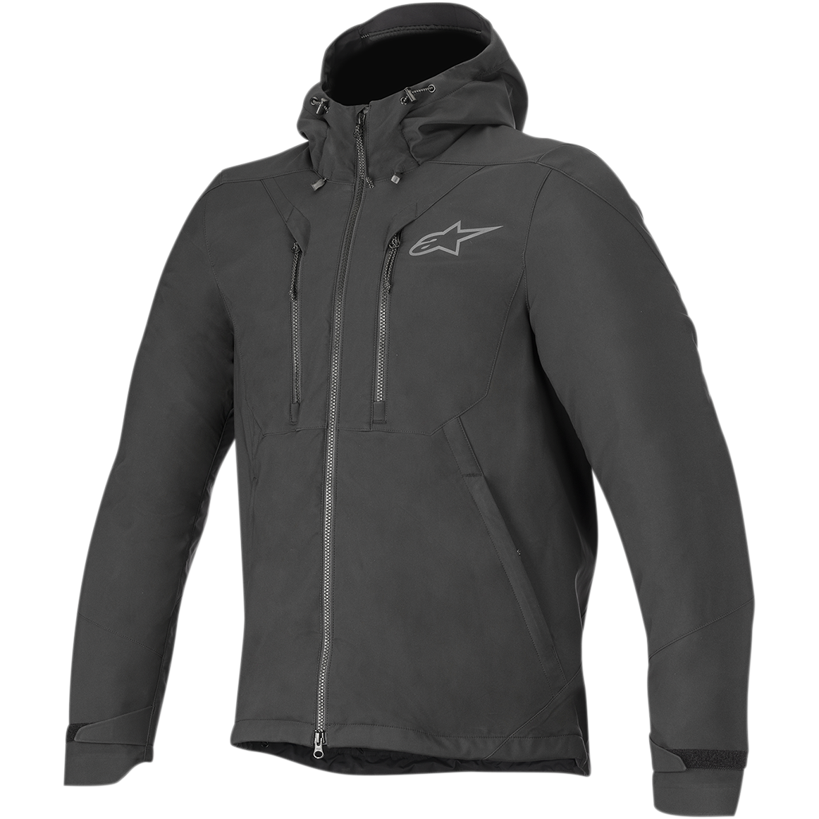 Veste Alpinestars Domino Tech, veste de moto urbaine, noir, dotée d'une capuche fixe avec cordons de serrage, fermeture éclair centrale, deux fermetures éclair verticales sur la poitrine et sangles de réglage aux poignets, logo Astar gris discret sur la poitrine gauche, conception softshell technique pour la conduite sur route