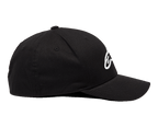 Alpinestars Ageless Curve Hat, Black and White, side profile showing curved bill and white 3D embroidered logo, casual sportswear