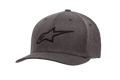 Alpinestars Ageless Curve Hat, casquette de baseball gris chiné avec logo noir brodé en 3D, visière courbée, tissu sergé structuré avec œillets de ventilation, accessoire motorsport décontracté