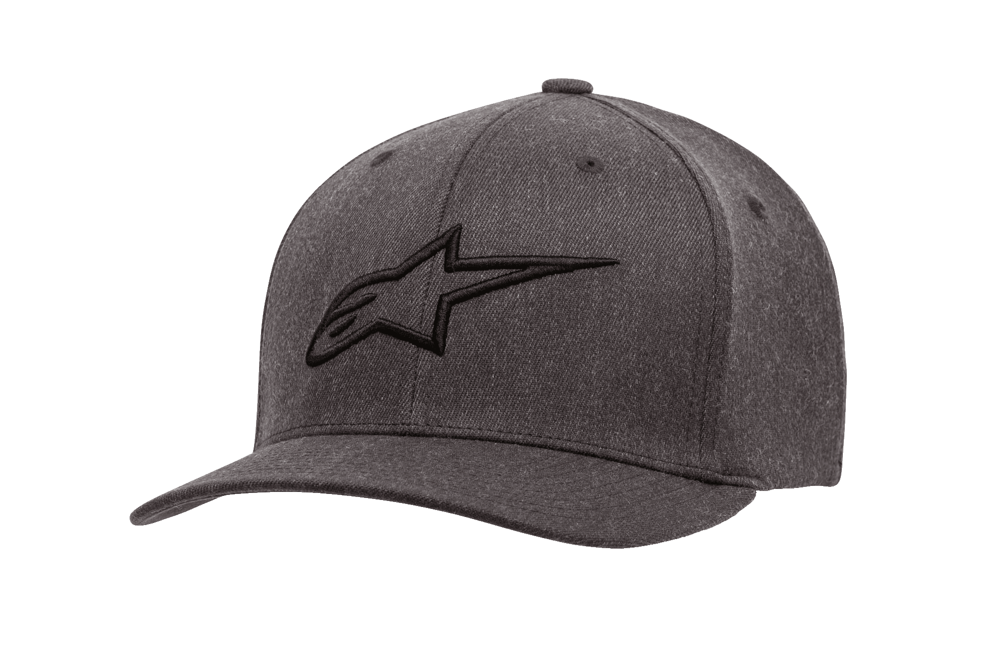 Alpinestars Ageless Curve Hat, casquette de baseball gris chiné avec logo noir brodé en 3D, visière courbée, tissu sergé structuré avec œillets de ventilation, accessoire motorsport décontracté