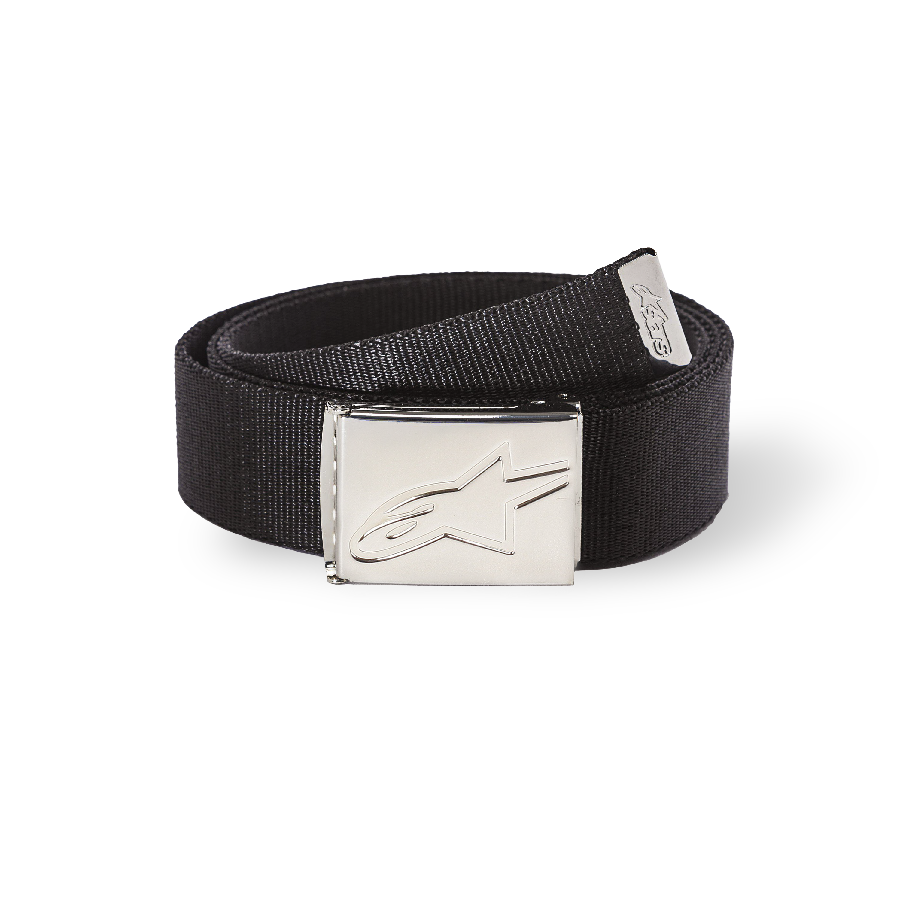 Alpinestars Ageless Web Belt, ceinture en tissu noir avec boucle en métal argenté chromé, logo étoile gravé, sangle texturée, embout métallique avec logo, accessoire de sportswear décontracté