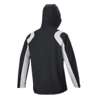 Veste de pluie Alpinestars A-Dura, noir et blanc, vue arrière d'une veste de pluie à capuche pour VTT avec des empiècements contrastés gris clair sur les épaules et les manches.
