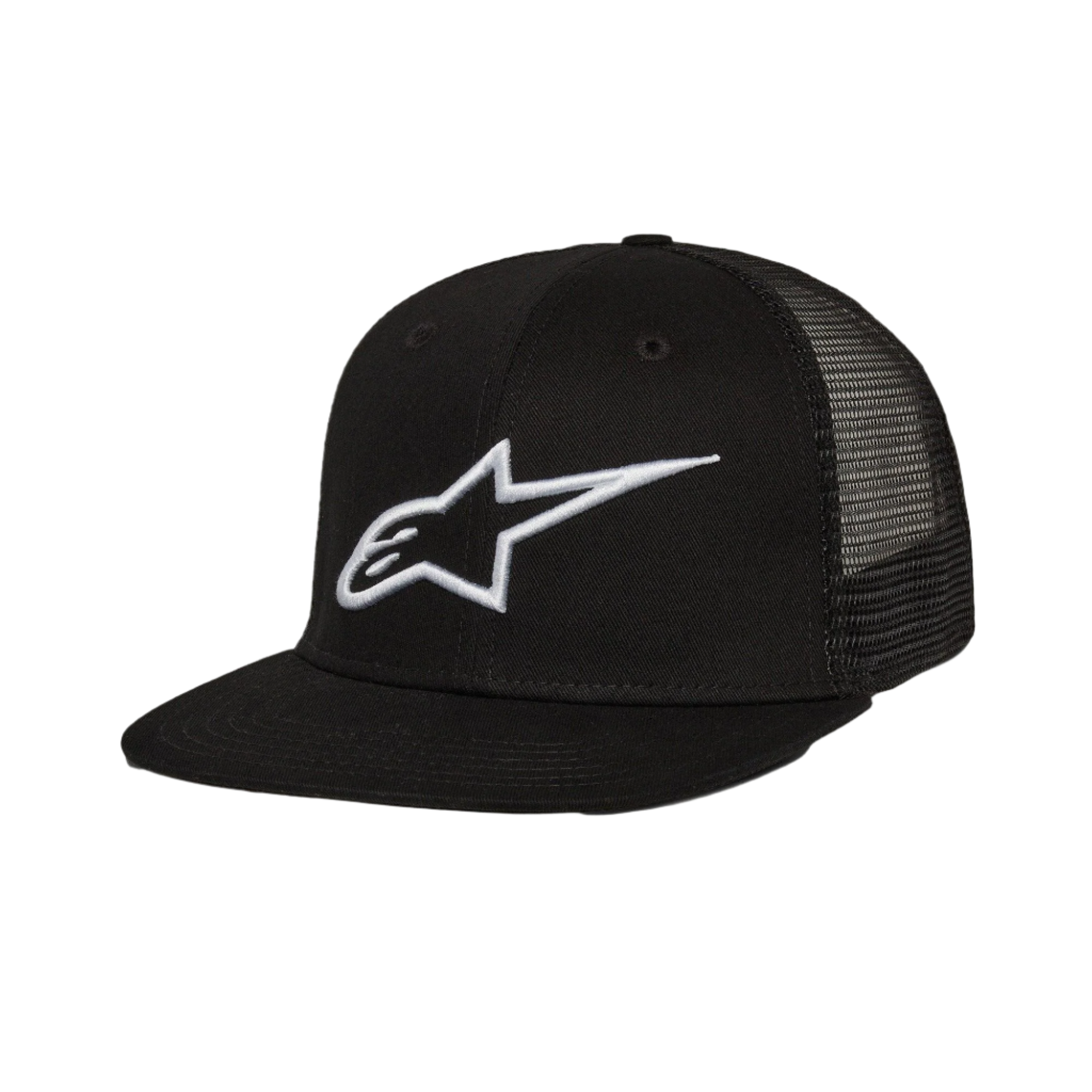 Casquette Alpinestars Corp Trucker, casquette trucker à visière plate, noire, logo Alpinestars blanc brodé en 3D sur le devant, panneaux arrière en maille, couronne structurée, style streetwear motorsport décontracté