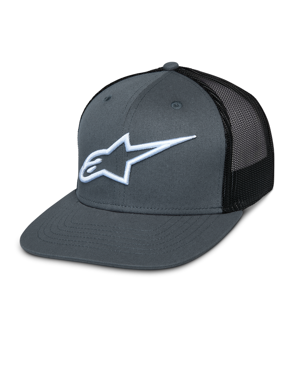 Casquette Alpinestars Corp Trucker, devant gris et dos en maille noire, logo étoile blanc brodé, visière plate, couronne structurée, panneau arrière en maille respirante