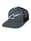Casquette Alpinestars Corp Trucker, devant gris et dos en maille noire, logo étoile blanc brodé, visière plate, couronne structurée, panneau arrière en maille respirante