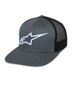 Casquette Alpinestars Corp Trucker, devant gris et dos en maille noire, logo étoile blanc brodé, visière plate, couronne structurée, panneau arrière en maille respirante