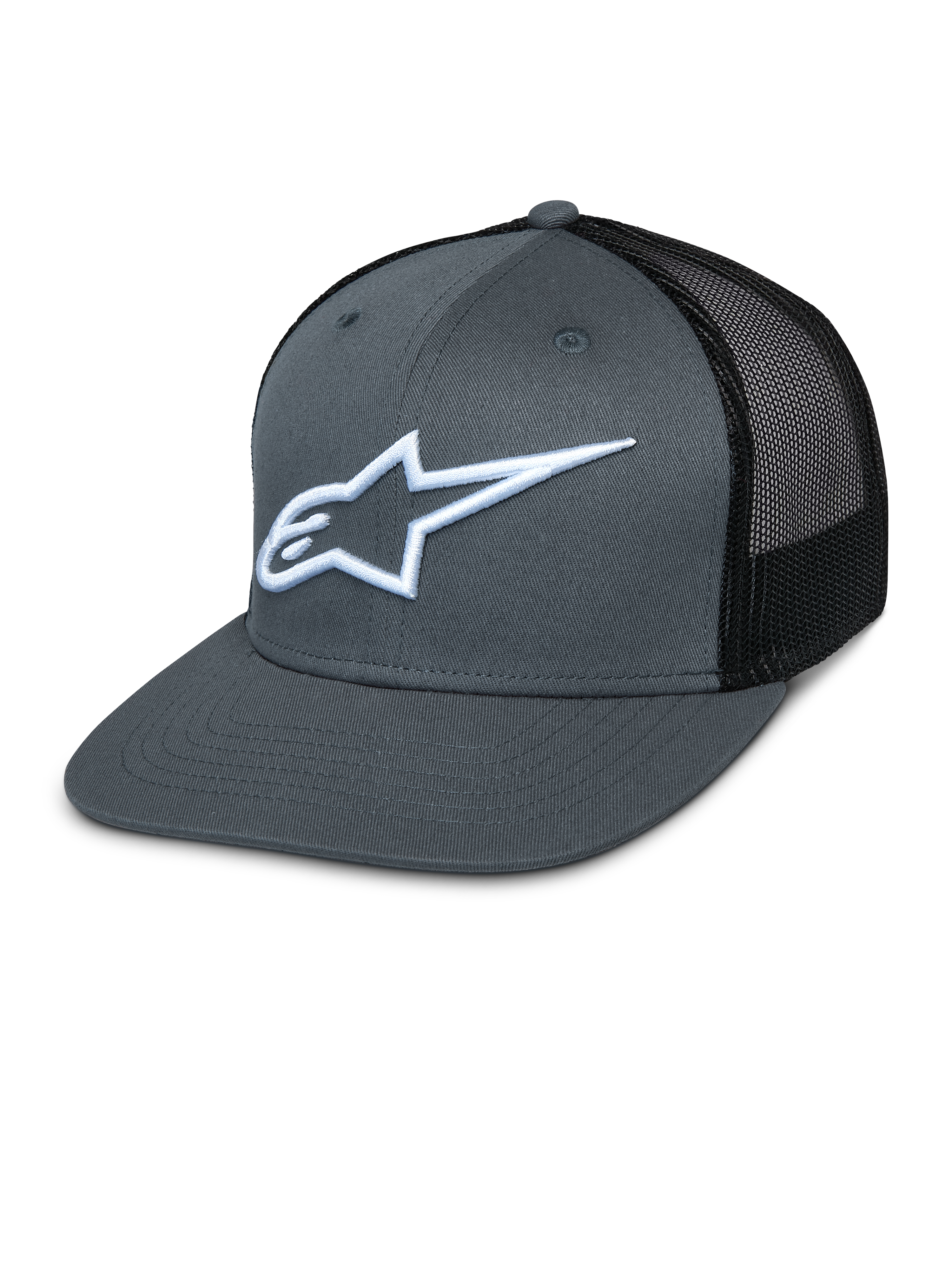 Casquette Alpinestars Corp Trucker, devant gris et dos en maille noire, logo étoile blanc brodé, visière plate, couronne structurée, panneau arrière en maille respirante
