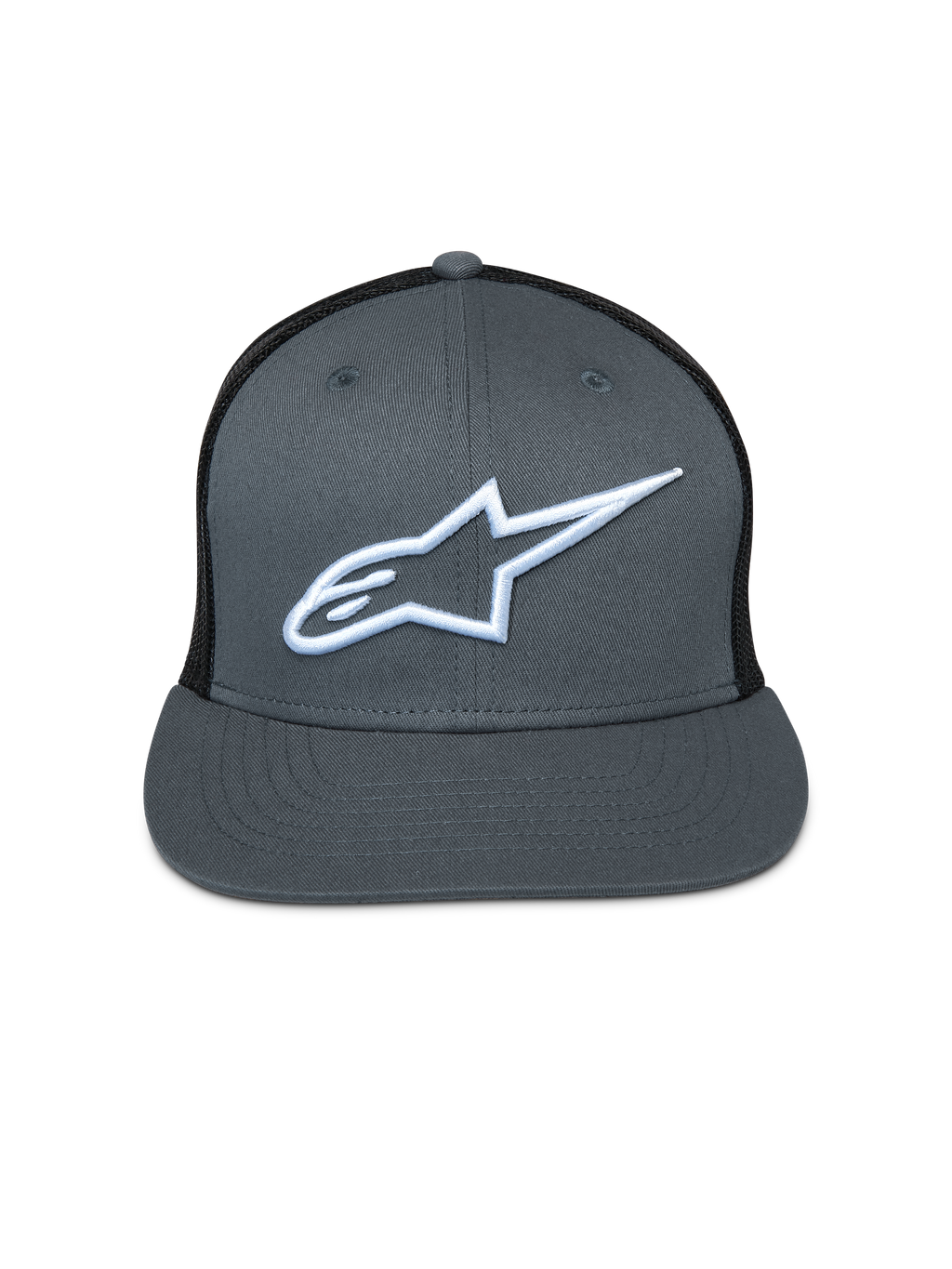 Casquette Trucker Corp Alpinestars, avant gris avec arrière en maille noire, visière plate, logo Astar blanc brodé, couvre-chef décontracté inspiré du sport automobile