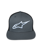 Casquette Trucker Corp Alpinestars, avant gris avec arrière en maille noire, visière plate, logo Astar blanc brodé, couvre-chef décontracté inspiré du sport automobile