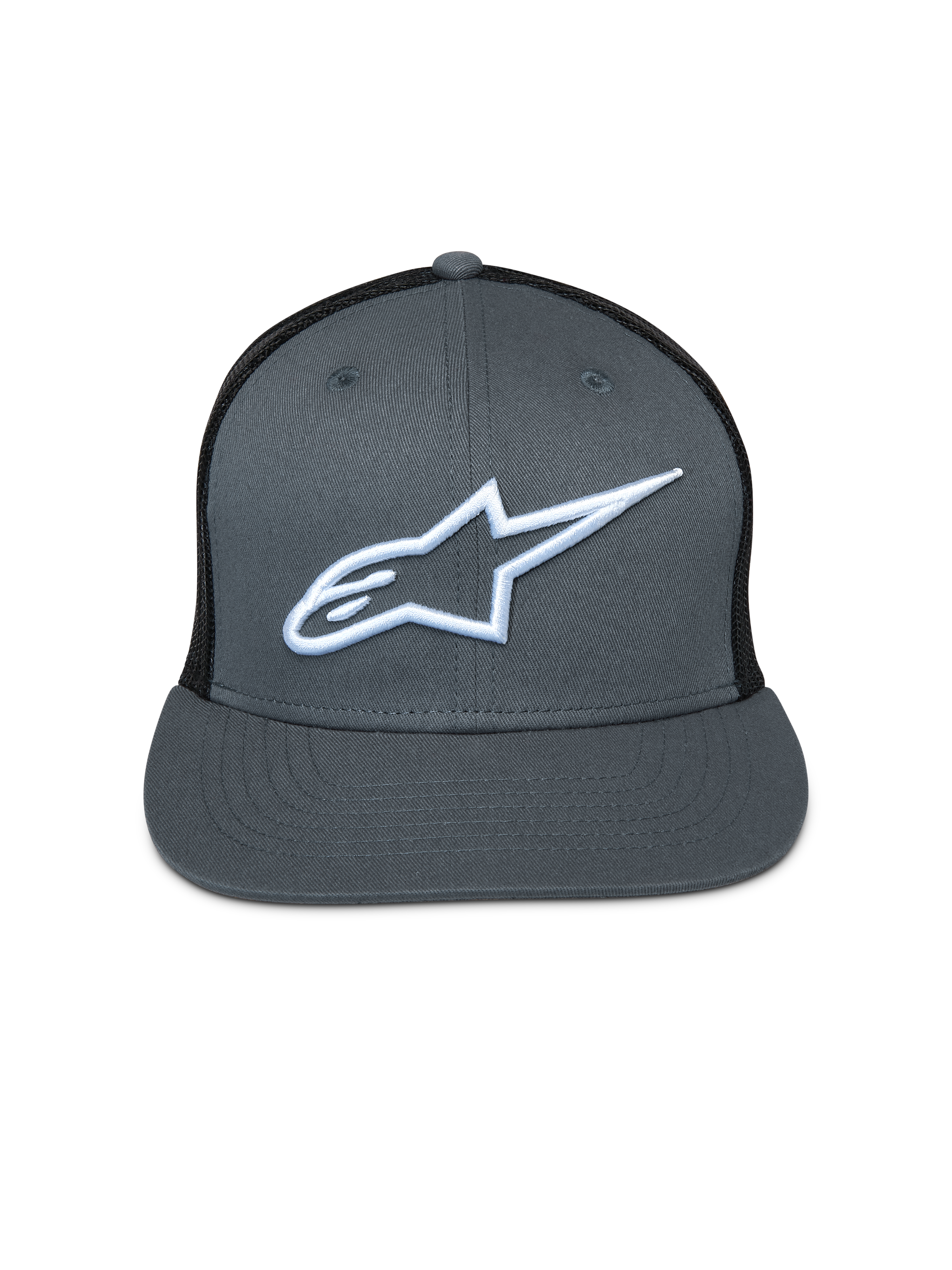 Casquette Trucker Corp Alpinestars, avant gris avec arrière en maille noire, visière plate, logo Astar blanc brodé, couvre-chef décontracté inspiré du sport automobile