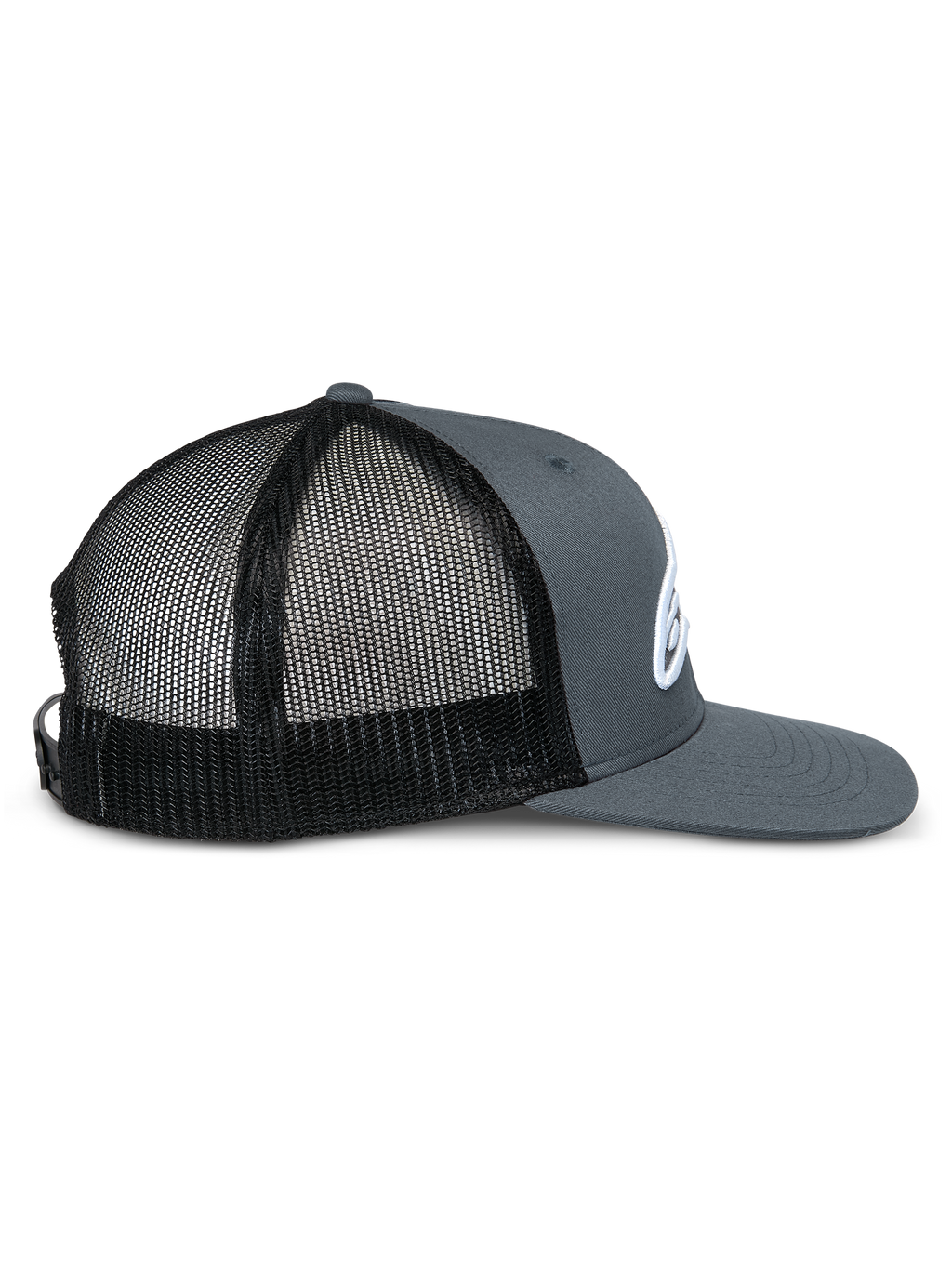 Casquette Trucker Alpinestars Corp, vue de profil, avant et visière en sergé gris avec panneaux arrière en maille noire, visière plate, couronne structurée, logo blanc brodé, accessoire décontracté style sports mécaniques