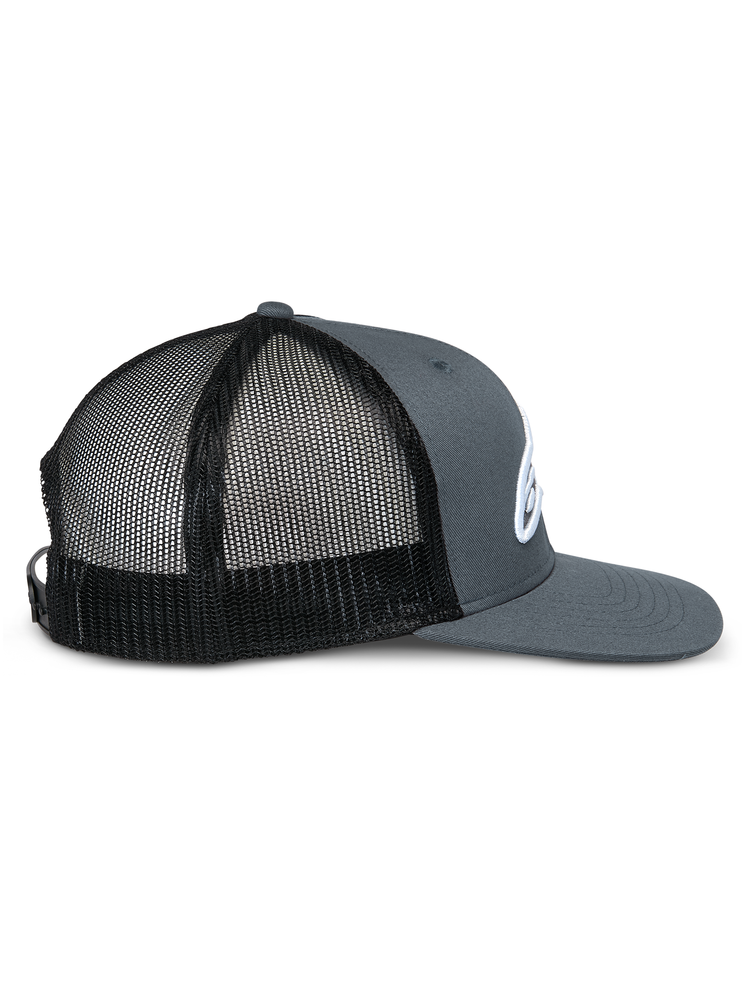 Casquette Trucker Alpinestars Corp, vue de profil, avant et visière en sergé gris avec panneaux arrière en maille noire, visière plate, couronne structurée, logo blanc brodé, accessoire décontracté style sports mécaniques