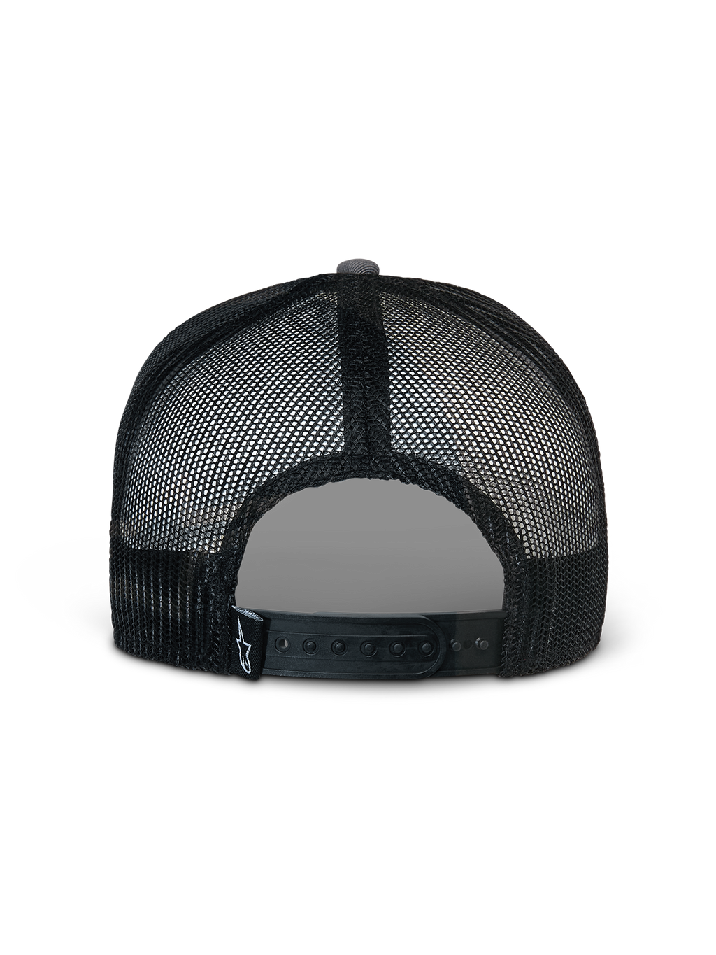 Casquette Trucker Alpinestars Corp, gris et noir, vue arrière avec panneaux en maille noire et fermeture snapback ajustable, petit logo étoile blanc sur une étiquette arrière noire, couvre-chef sportswear décontracté