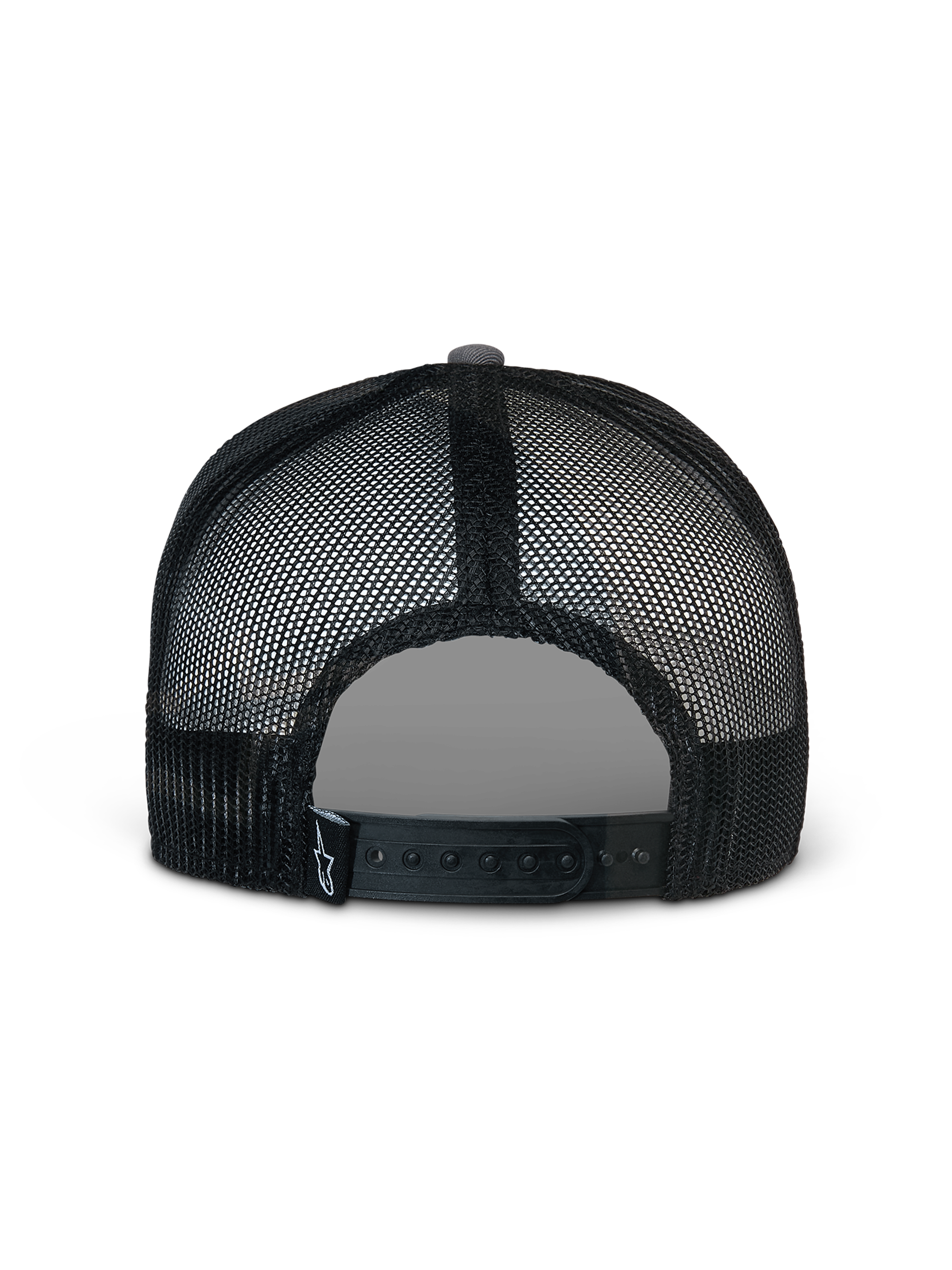 Casquette Trucker Alpinestars Corp, gris et noir, vue arrière avec panneaux en maille noire et fermeture snapback ajustable, petit logo étoile blanc sur une étiquette arrière noire, couvre-chef sportswear décontracté