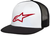 Casquette Trucker Alpinestars Corp, panneau avant blanc avec visière plate noire et dos en maille noire, arborant un logo étoile Alpinestars rouge brodé en 3D, style streetwear motorsport décontracté