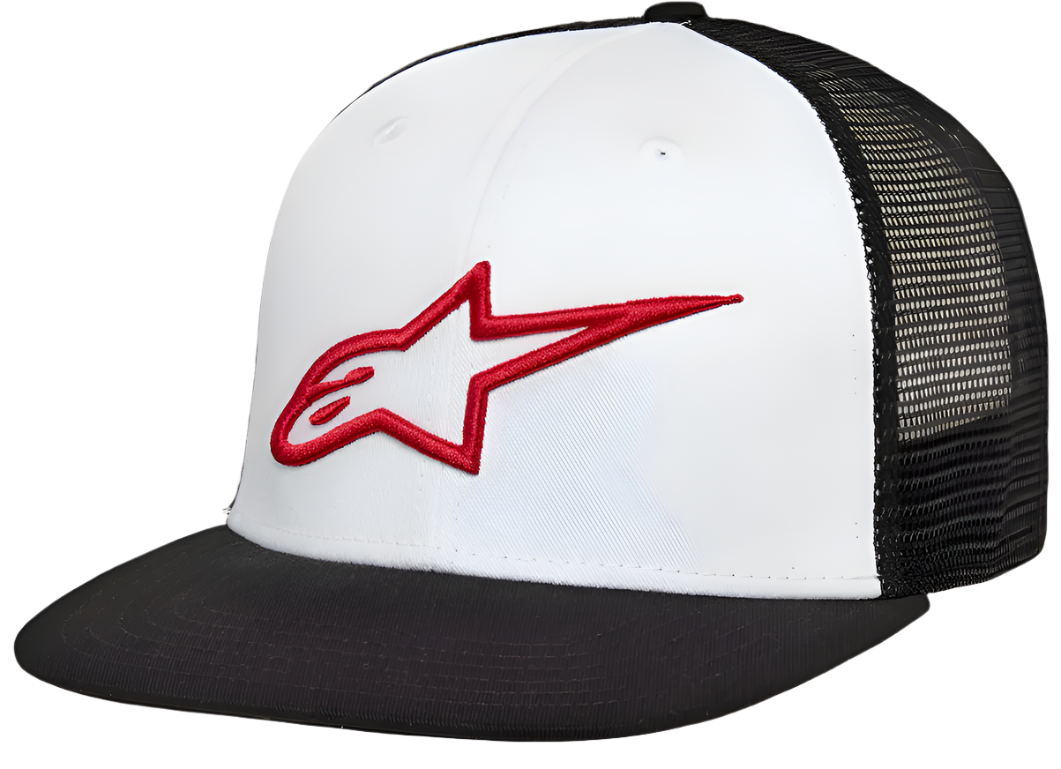 Casquette Trucker Alpinestars Corp, panneau avant blanc avec visière plate noire et dos en maille noire, arborant un logo étoile Alpinestars rouge brodé en 3D, style streetwear motorsport décontracté