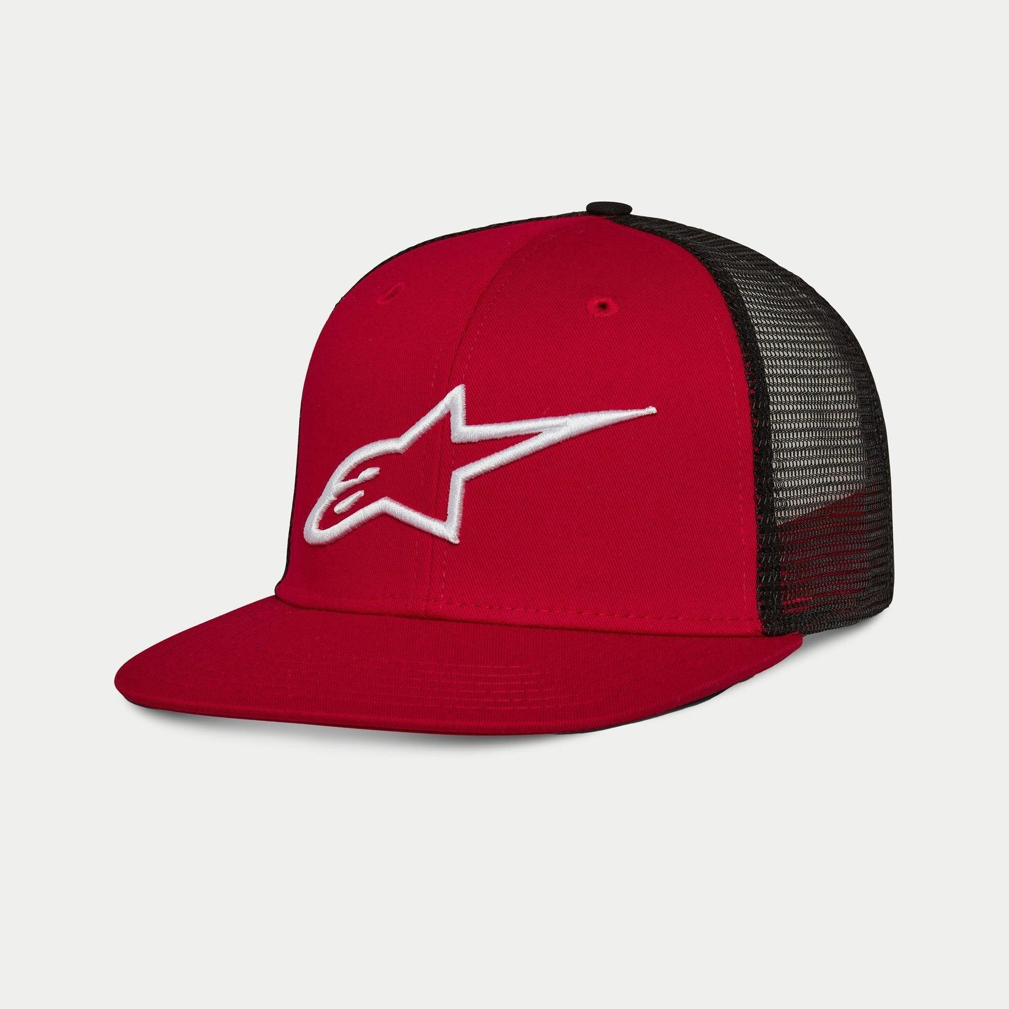 Casquette Trucker Corp Alpinestars, rouge et noir, casquette trucker à visière plate avec avant en sergé rouge et arrière en maille noire, logo blanc brodé en 3D, design streetwear décontracté