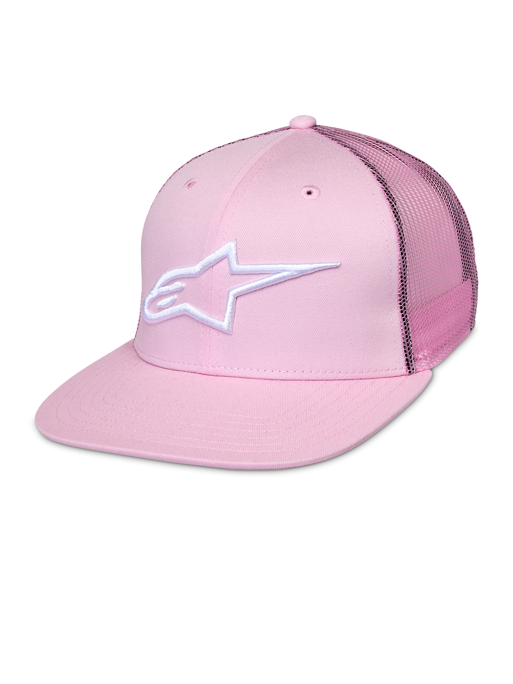 Alpinestars Corp Trucker Cap, casquette snapback rose avec logo étoile blanc, panneaux arrière en mesh, design structuré à six panneaux avec œillets de ventilation