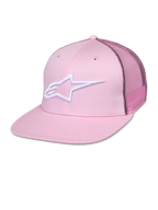 Alpinestars Corp Trucker Cap, casquette snapback rose avec logo étoile blanc, panneaux arrière en mesh, design structuré à six panneaux avec œillets de ventilation