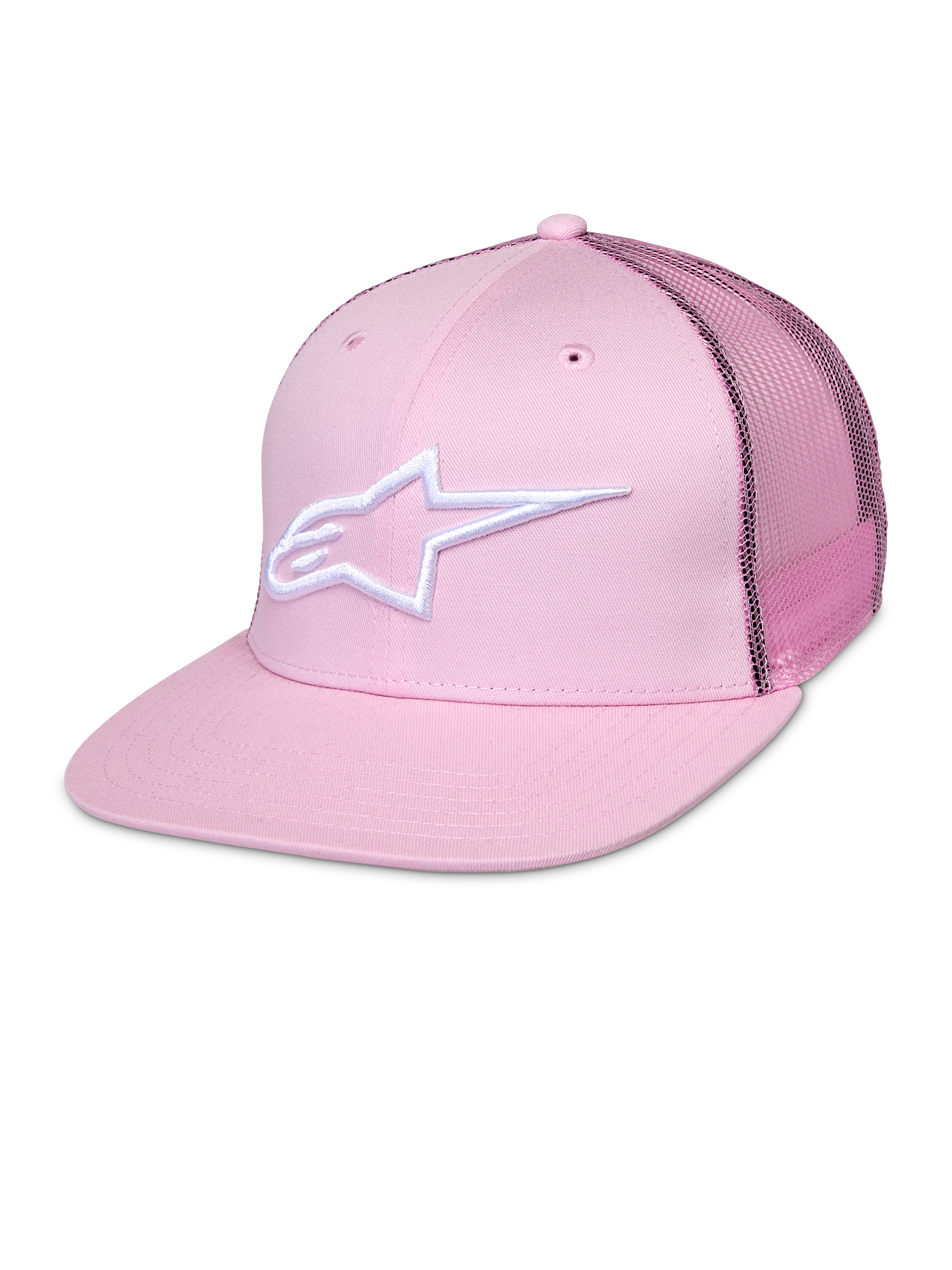 Alpinestars Corp Trucker Cap, casquette snapback rose avec logo étoile blanc, panneaux arrière en mesh, design structuré à six panneaux avec œillets de ventilation