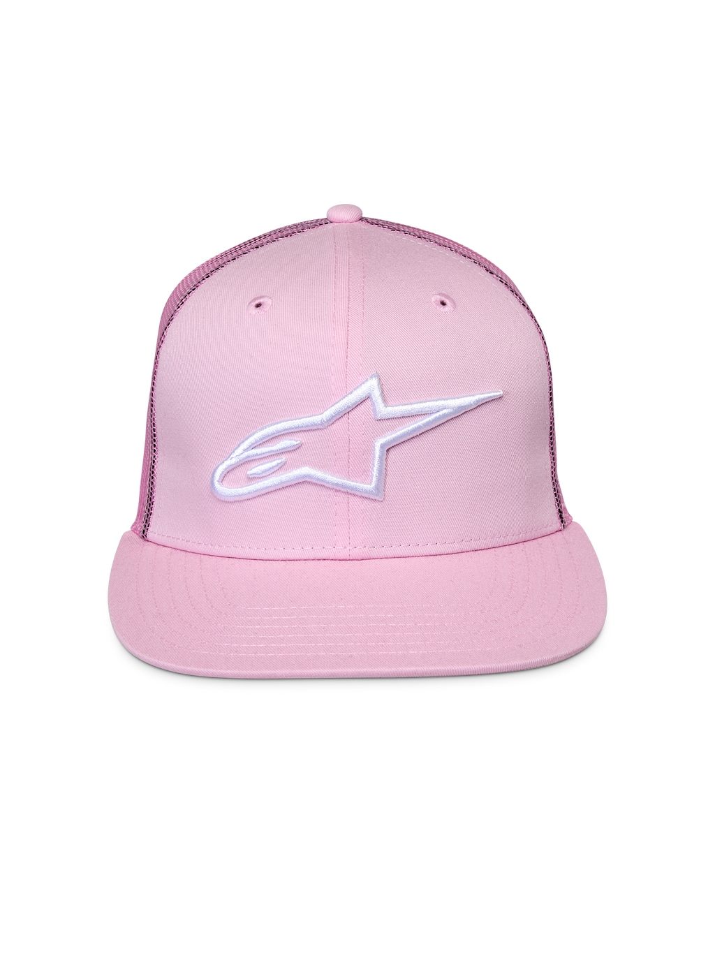 Casquette Alpinestars Corp Trucker, rose, avec logo brodé blanc à l'avant, visière plate avec couronne structurée, panneaux arrière en maille, accessoire de tête motorsport décontracté