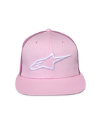 Casquette Alpinestars Corp Trucker, rose, avec logo brodé blanc à l'avant, visière plate avec couronne structurée, panneaux arrière en maille, accessoire de tête motorsport décontracté