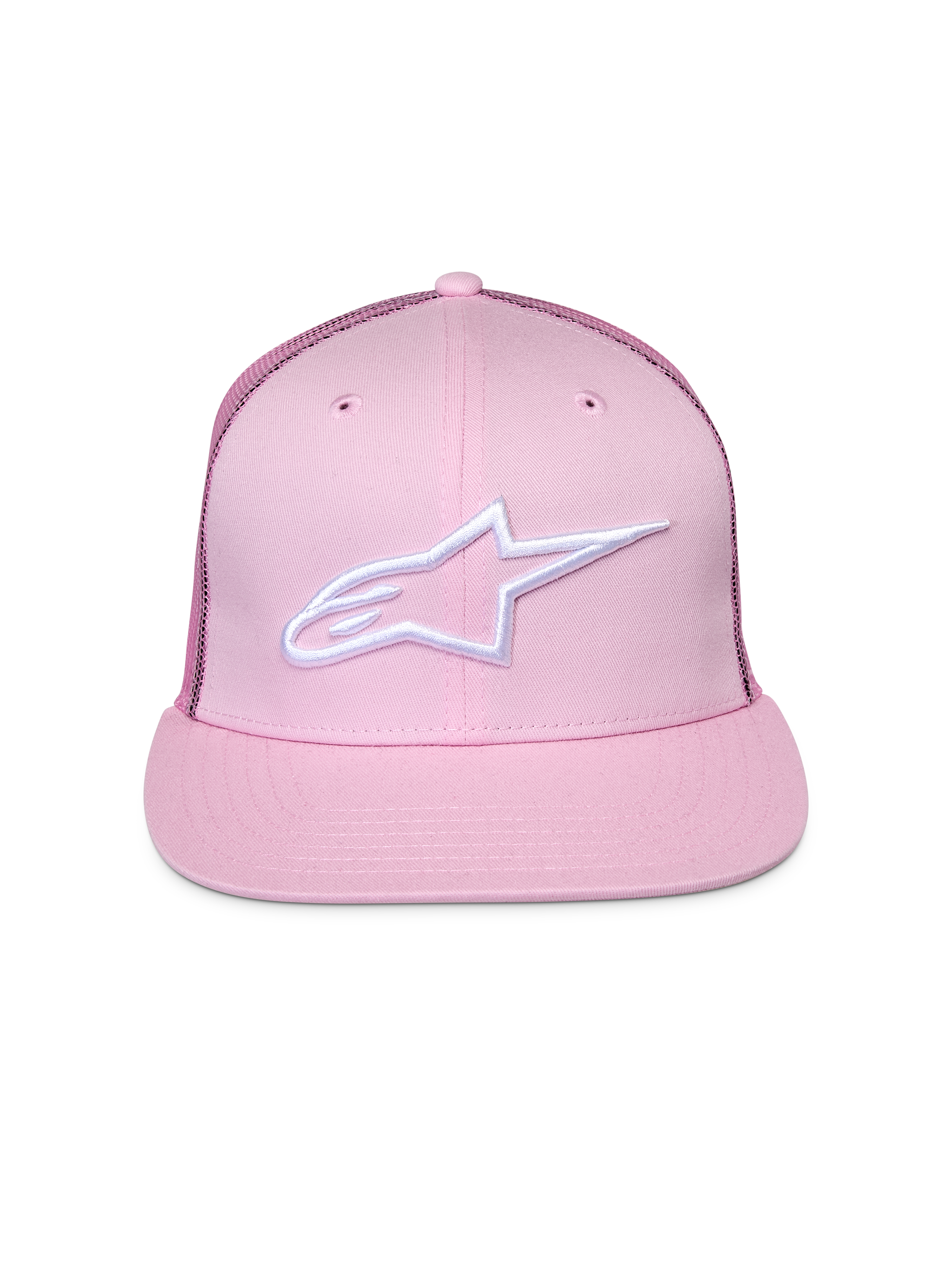 Casquette Alpinestars Corp Trucker, rose, avec logo brodé blanc à l'avant, visière plate avec couronne structurée, panneaux arrière en maille, accessoire de tête motorsport décontracté
