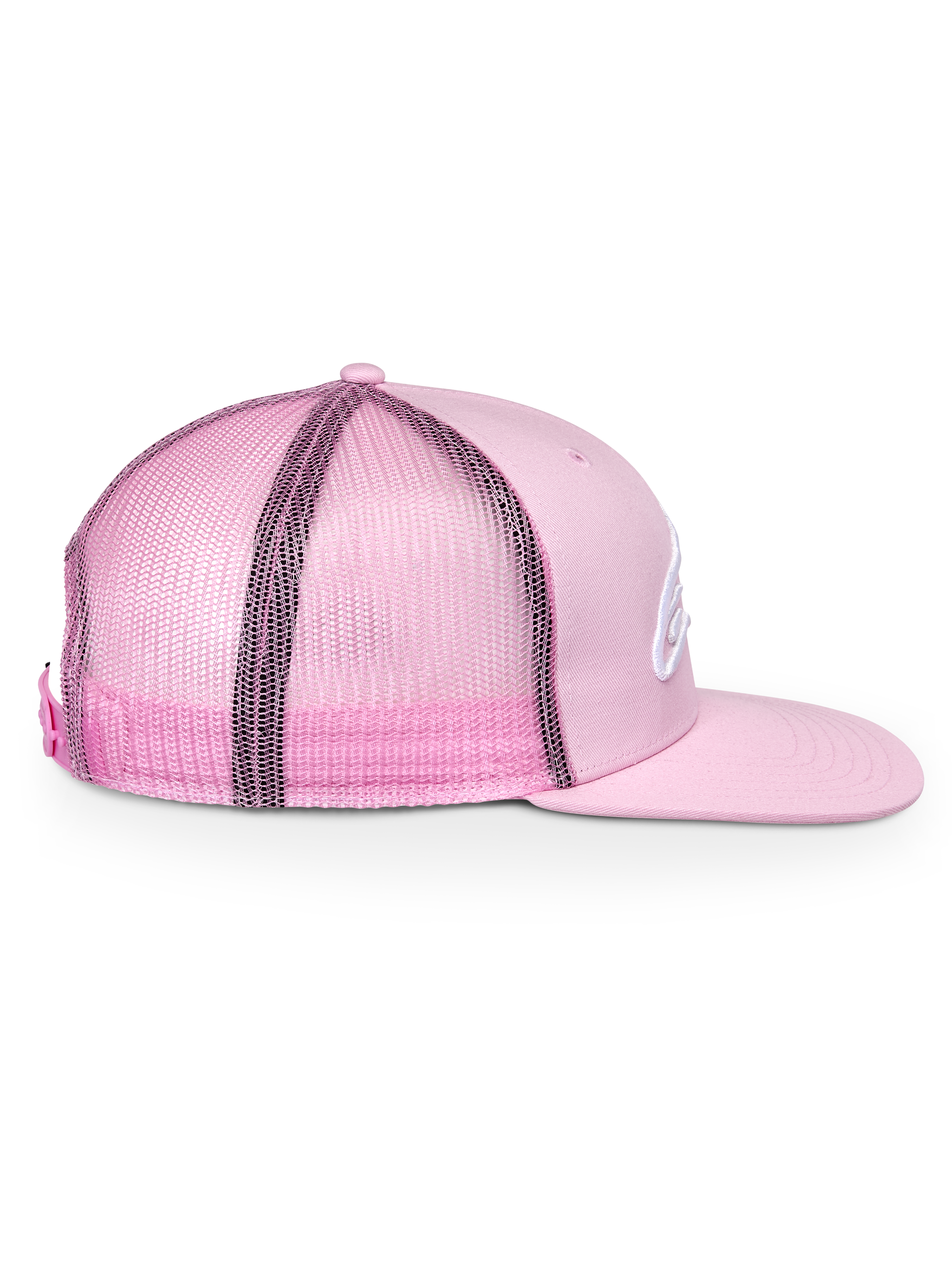 Casquette Trucker Alpinestars Corp, rose, vue de profil, couronne structurée avec visière plate, avant en sergé et arrière en maille, fermeture snapback ajustable, accessoire sportswear décontracté