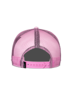 Casquette Trucker Alpinestars Corp, rose, vue arrière, avec panneaux arrière en maille rose et fermeture snapback réglable, accessoire décontracté inspiré des sports mécaniques